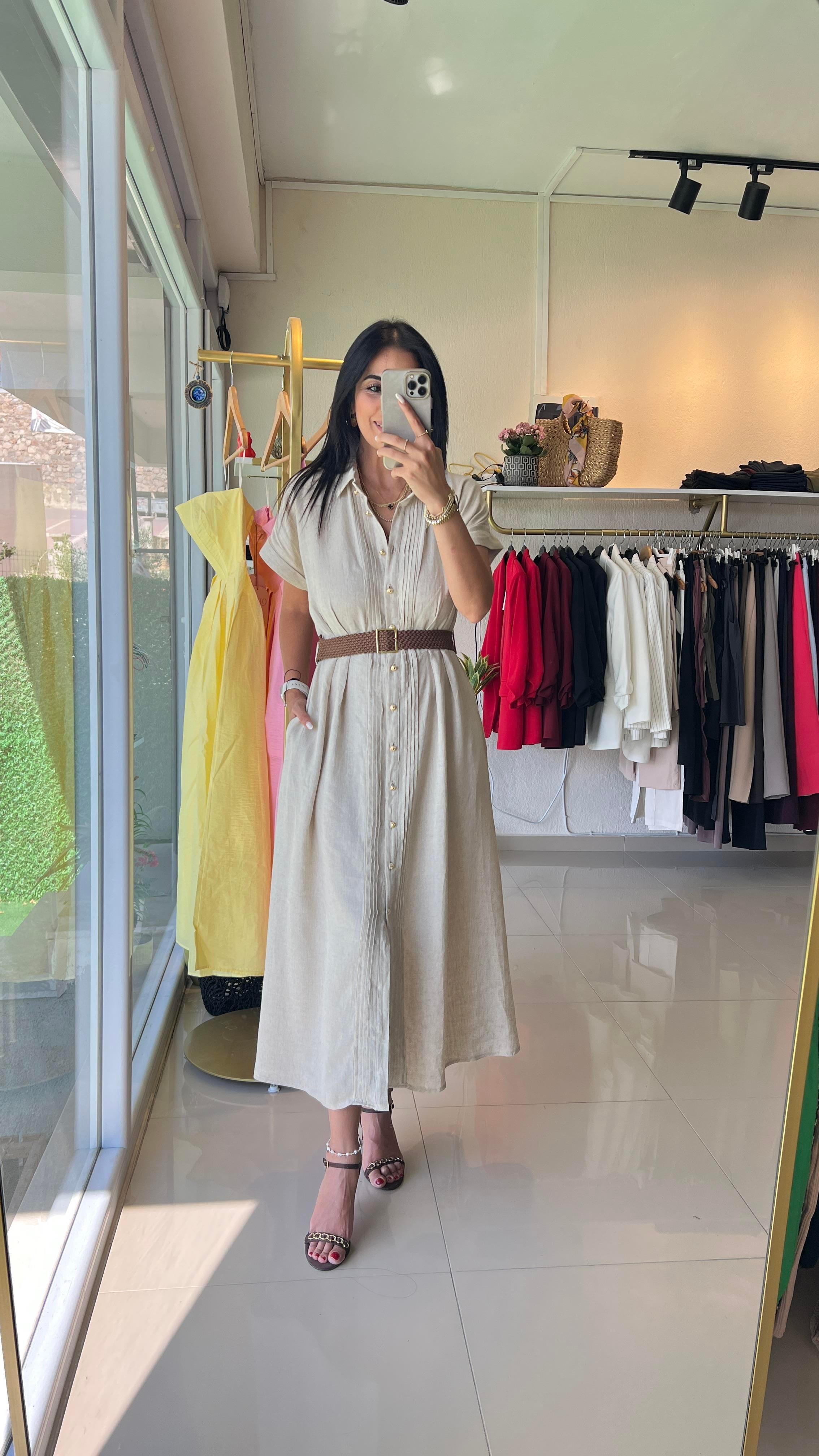 36552 ORJİNAL MODEL MİDİ KETEN ELBİSE BEJ 
