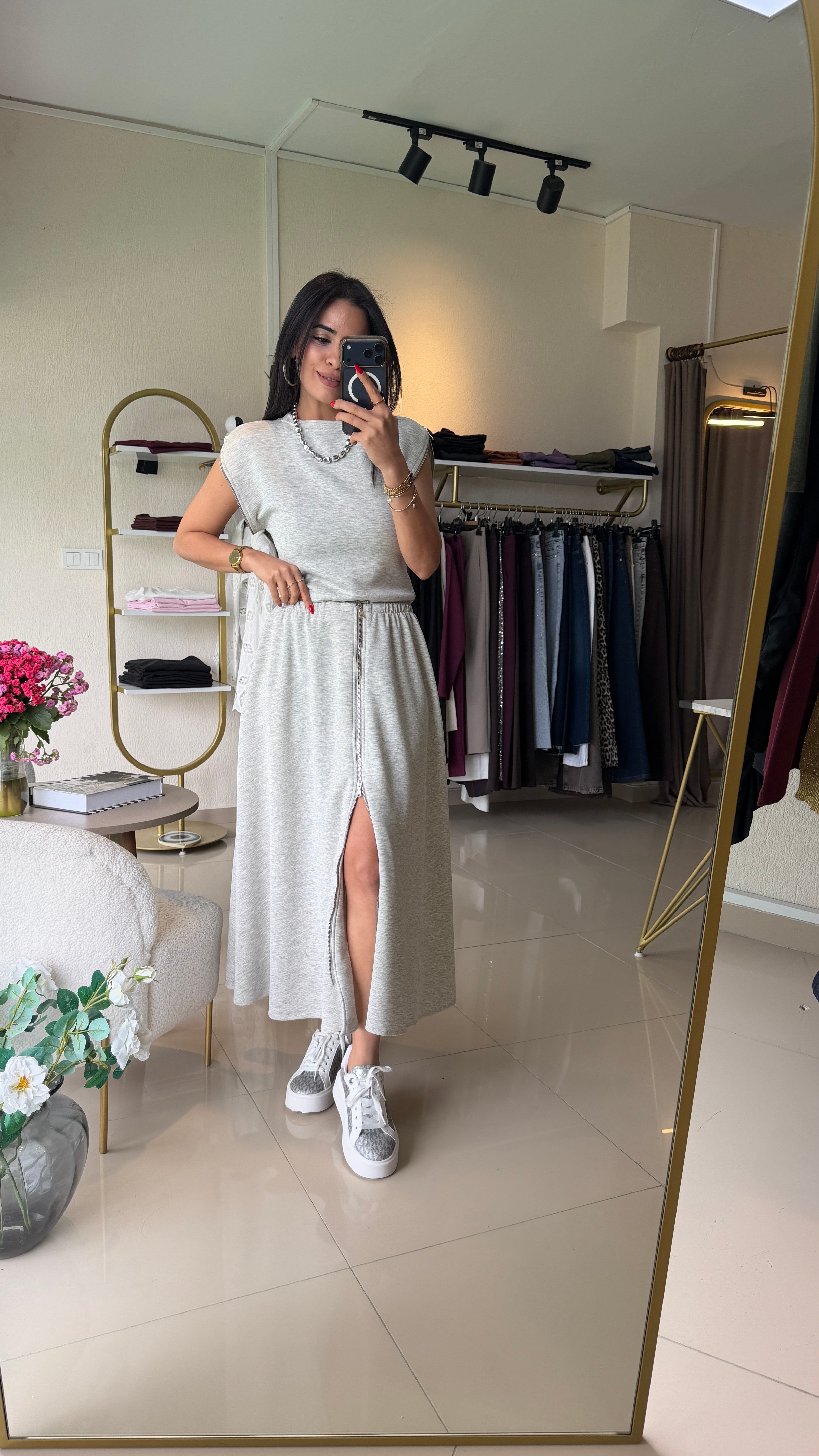 37269 Orjinal Model , Fermuar Detaylı , Etekli , Modal Takım Gri