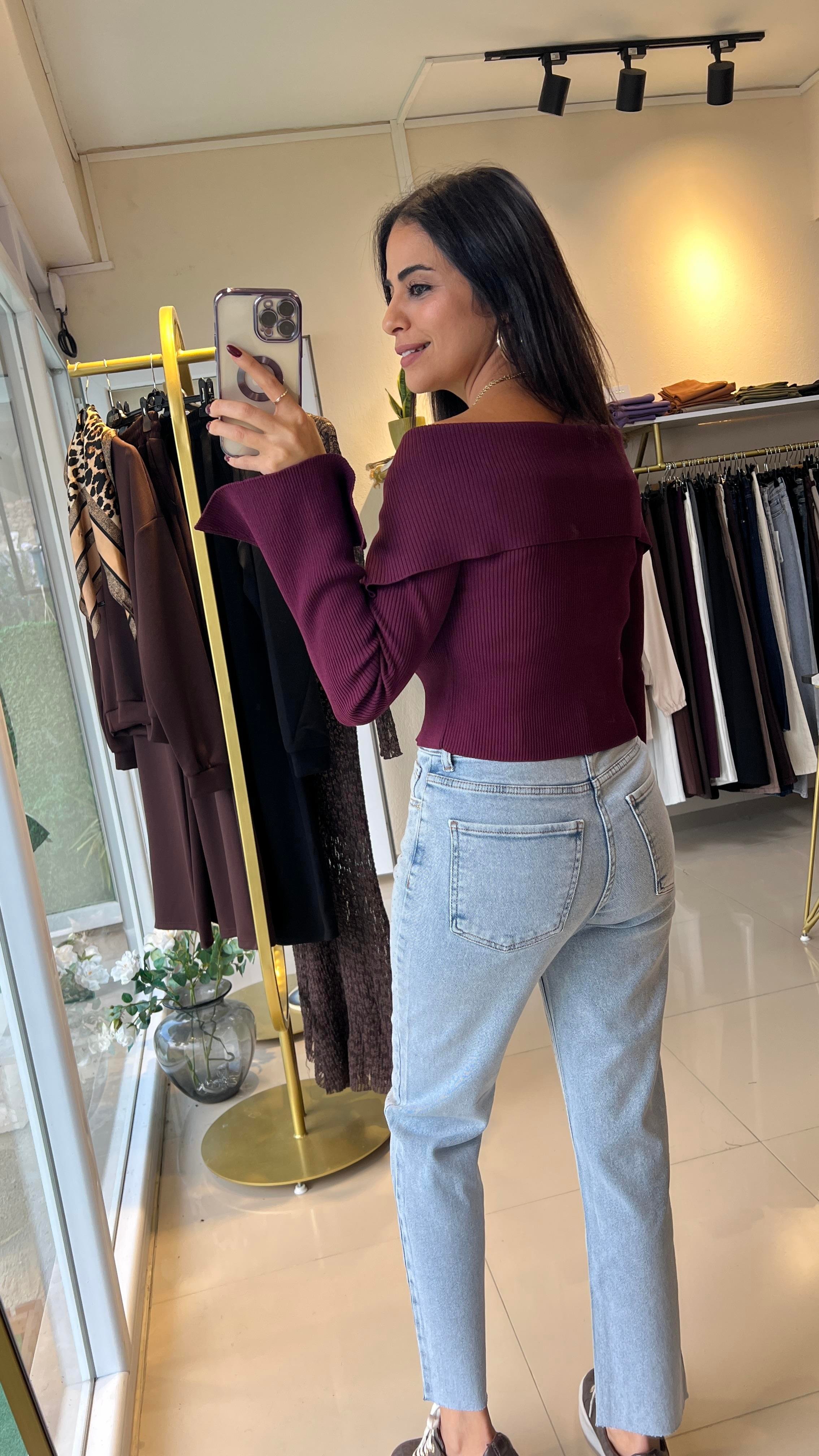 60252 Fermuarlı Fitilli Triko Hırka Bordo