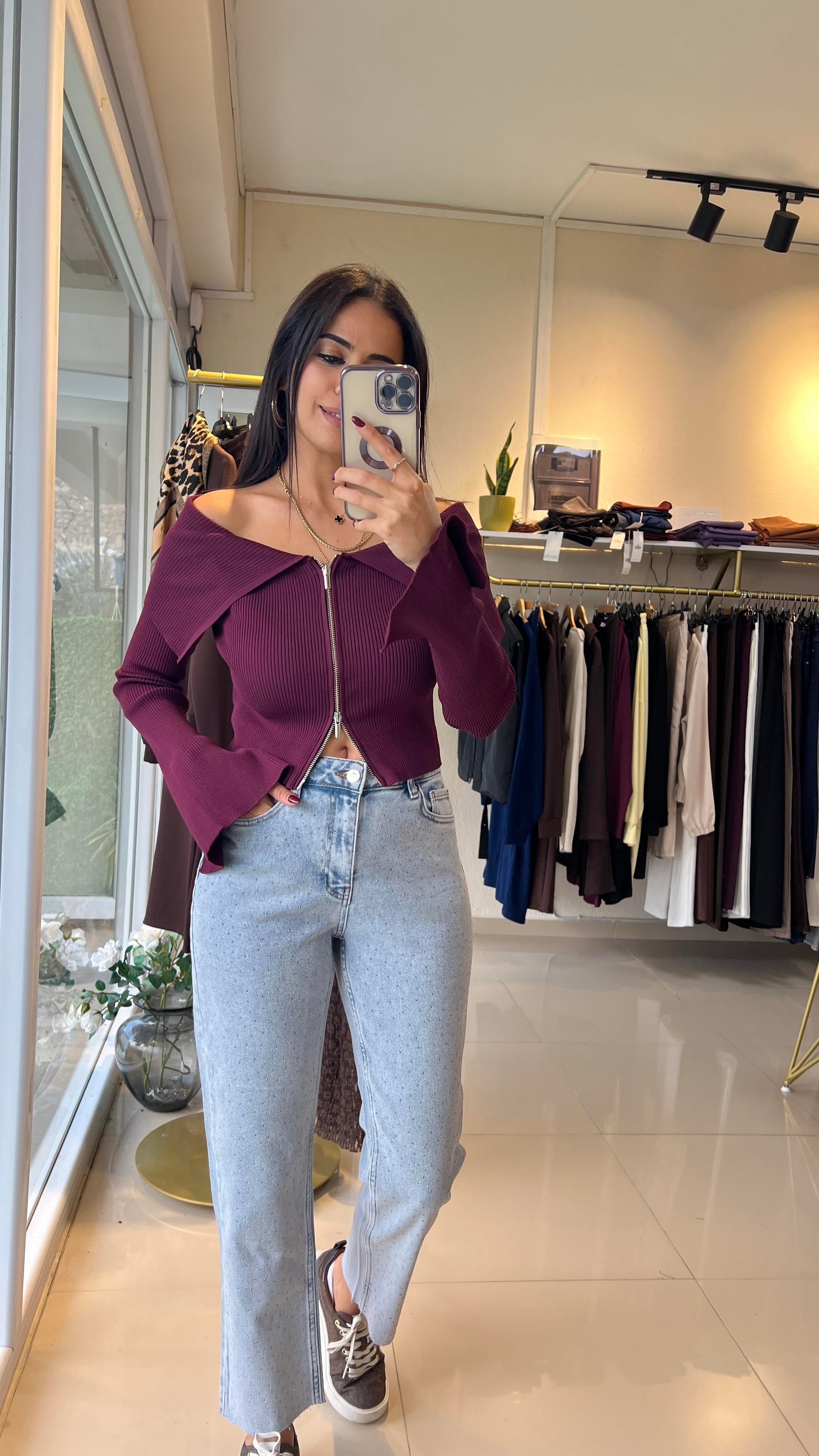 60252 Fermuarlı Fitilli Triko Hırka Bordo