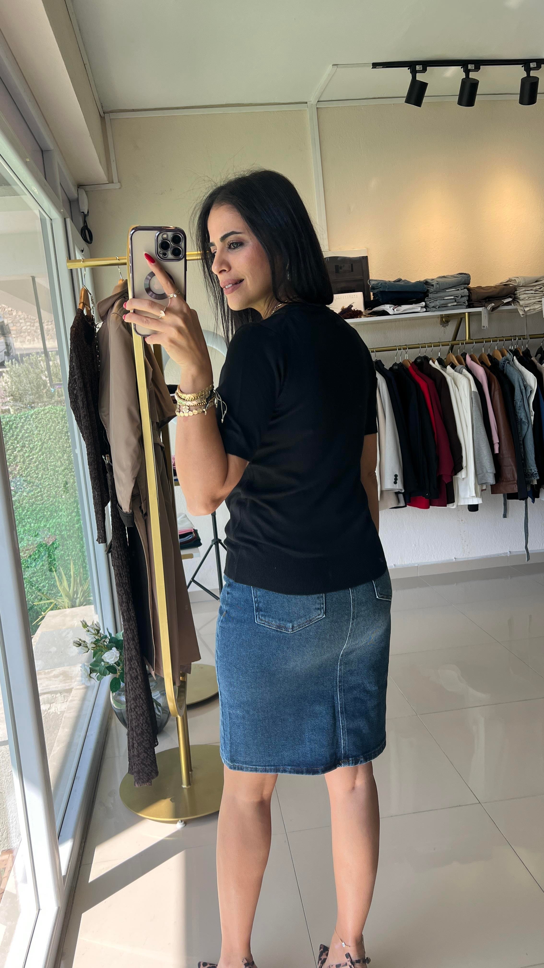 Bisiklet Yaka Kısa Kol Basic Triko Bluz Siyah 10779
