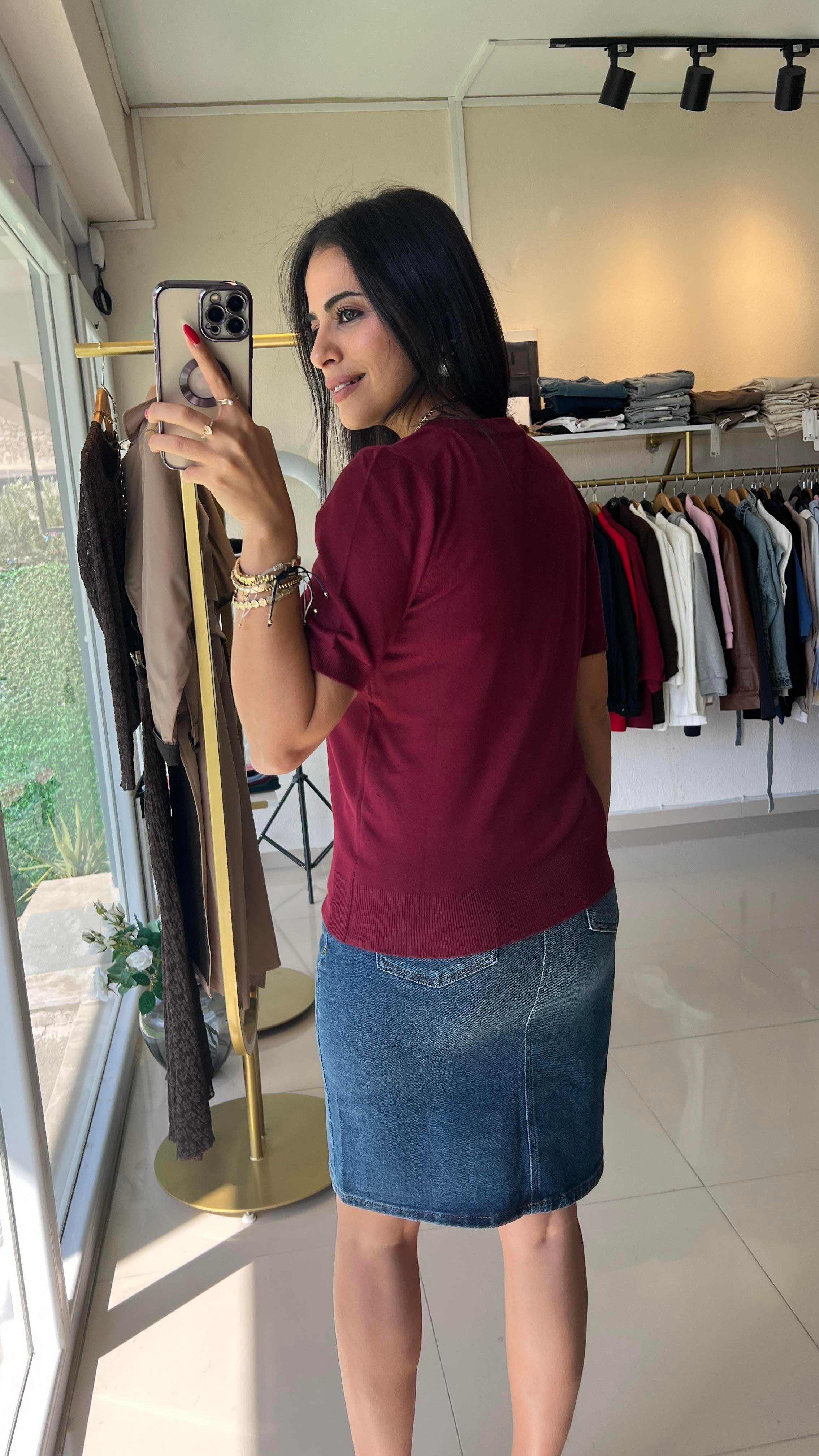 Bisiklet Yaka Kısa Kol Basic Triko Bluz Bordo 10779