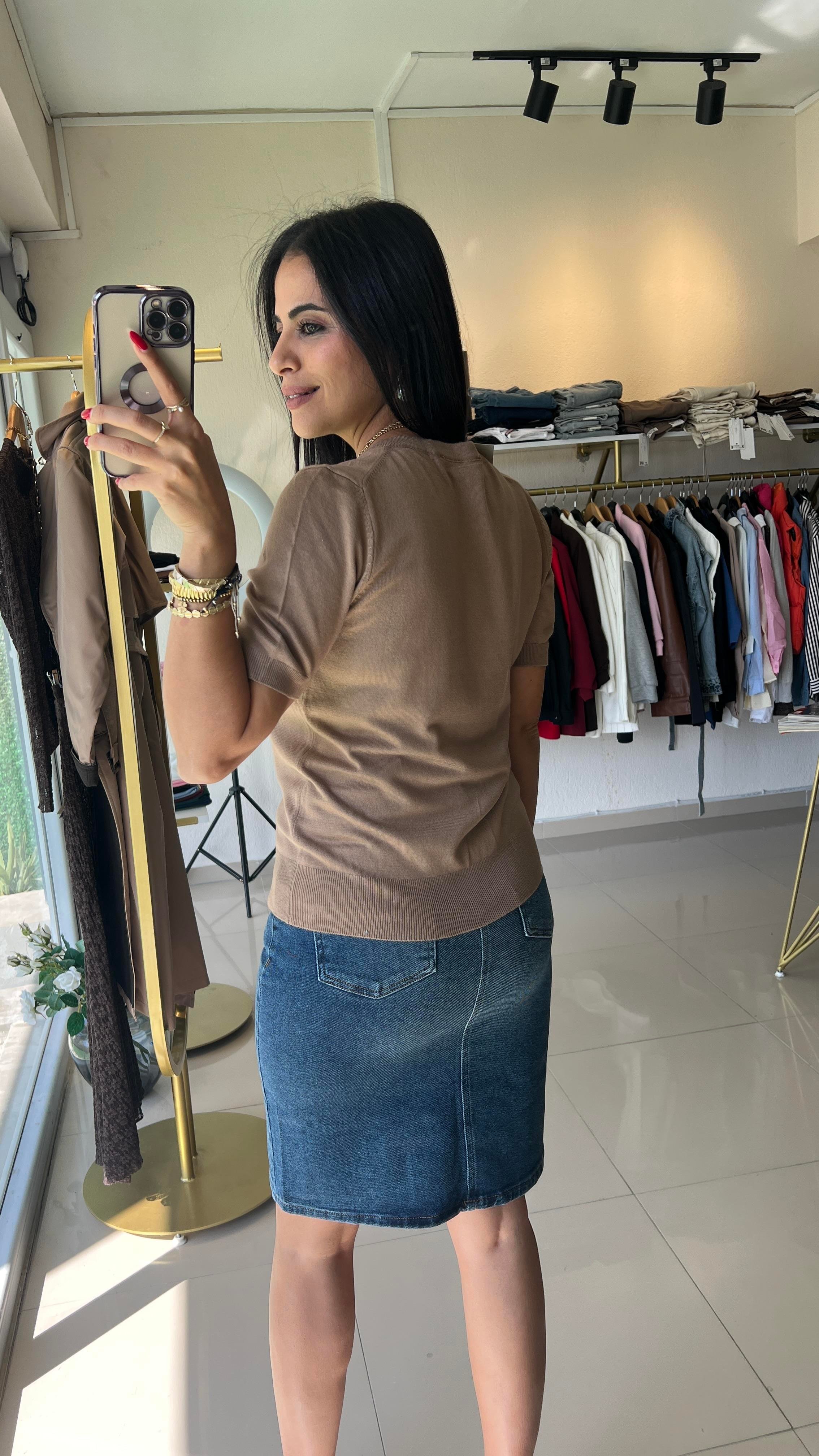 Bisiklet Yaka Kısa Kol Basic Triko Bluz Vizon 10779