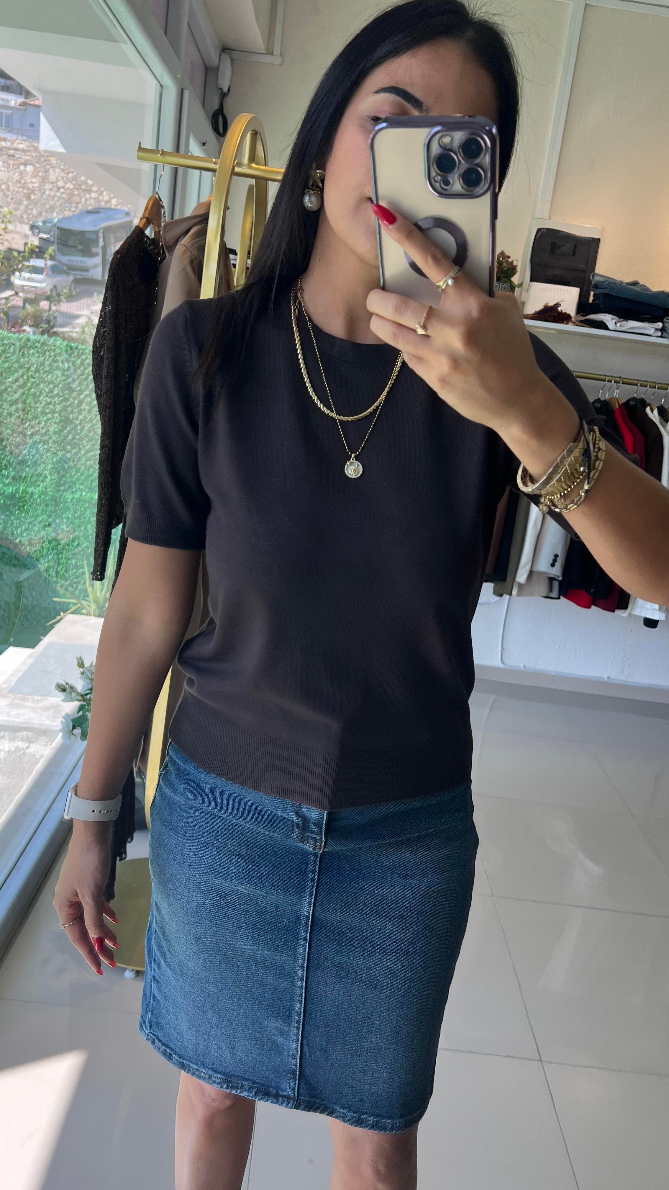 Bisiklet Yaka Kısa Kol Basic Triko Bluz Kahve 10779