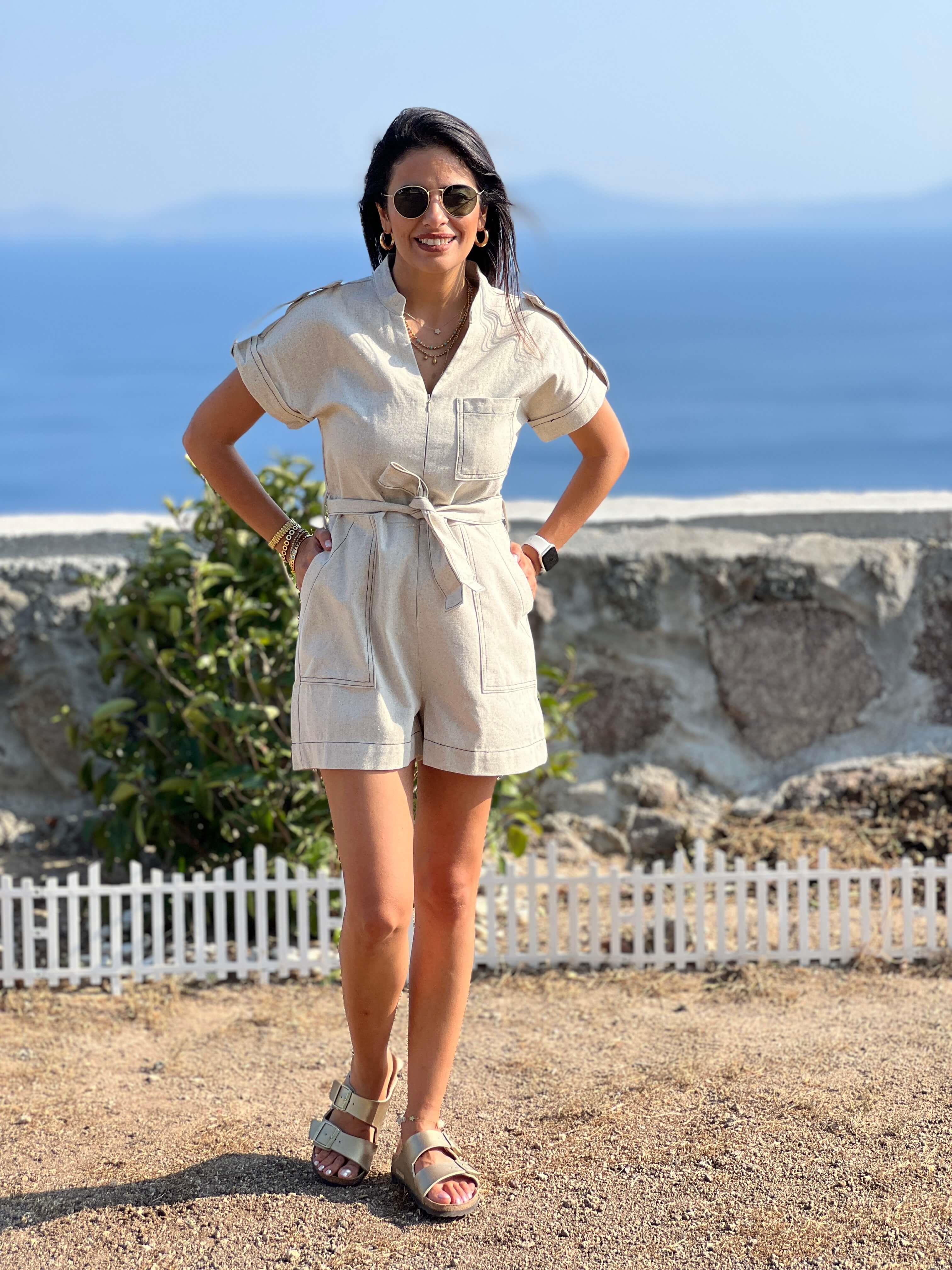 Fermuarlı Keten Şort Tulum Bej