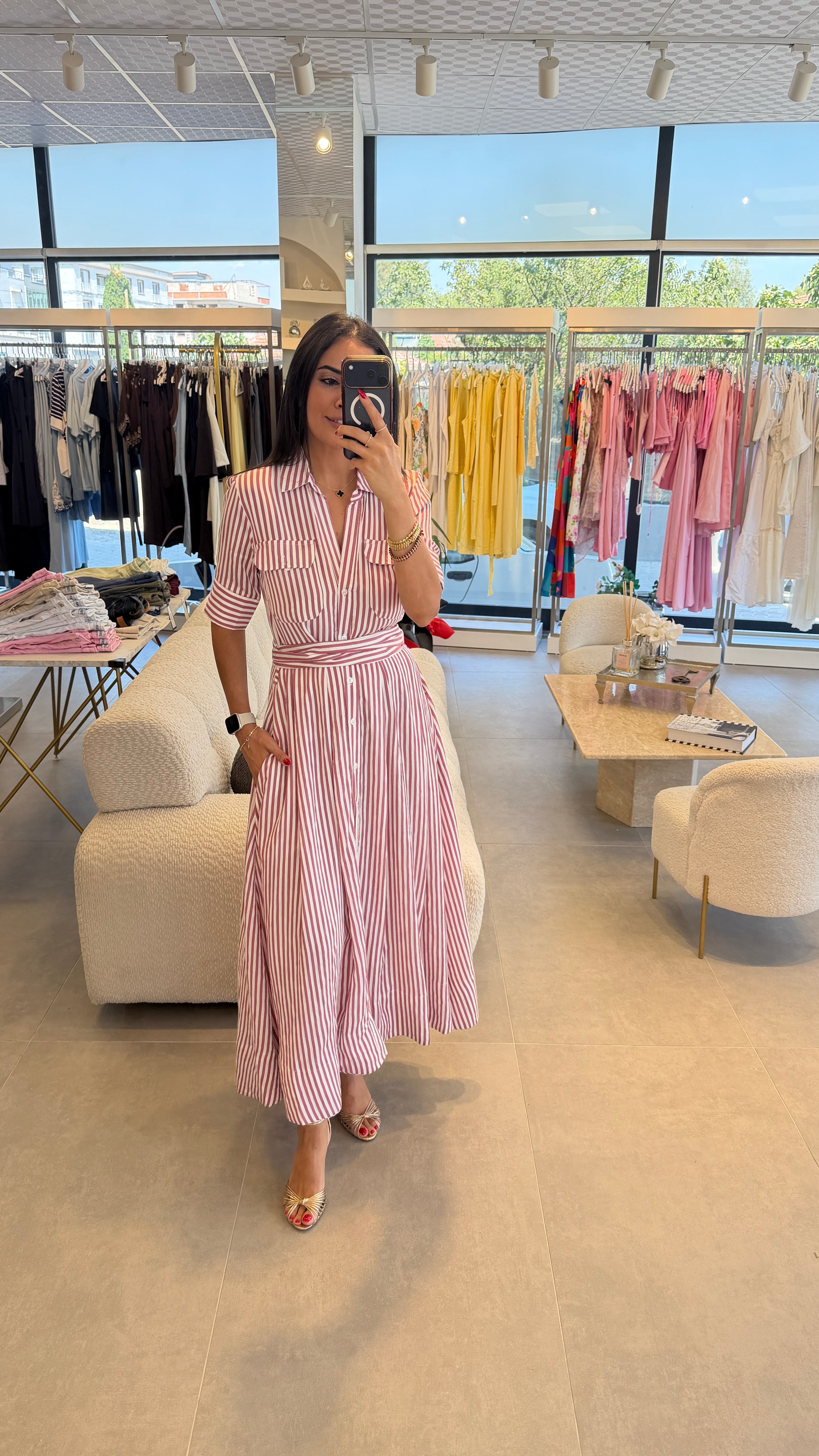 GÖMLEK YAKA UZUN ELBİSE PEMBE