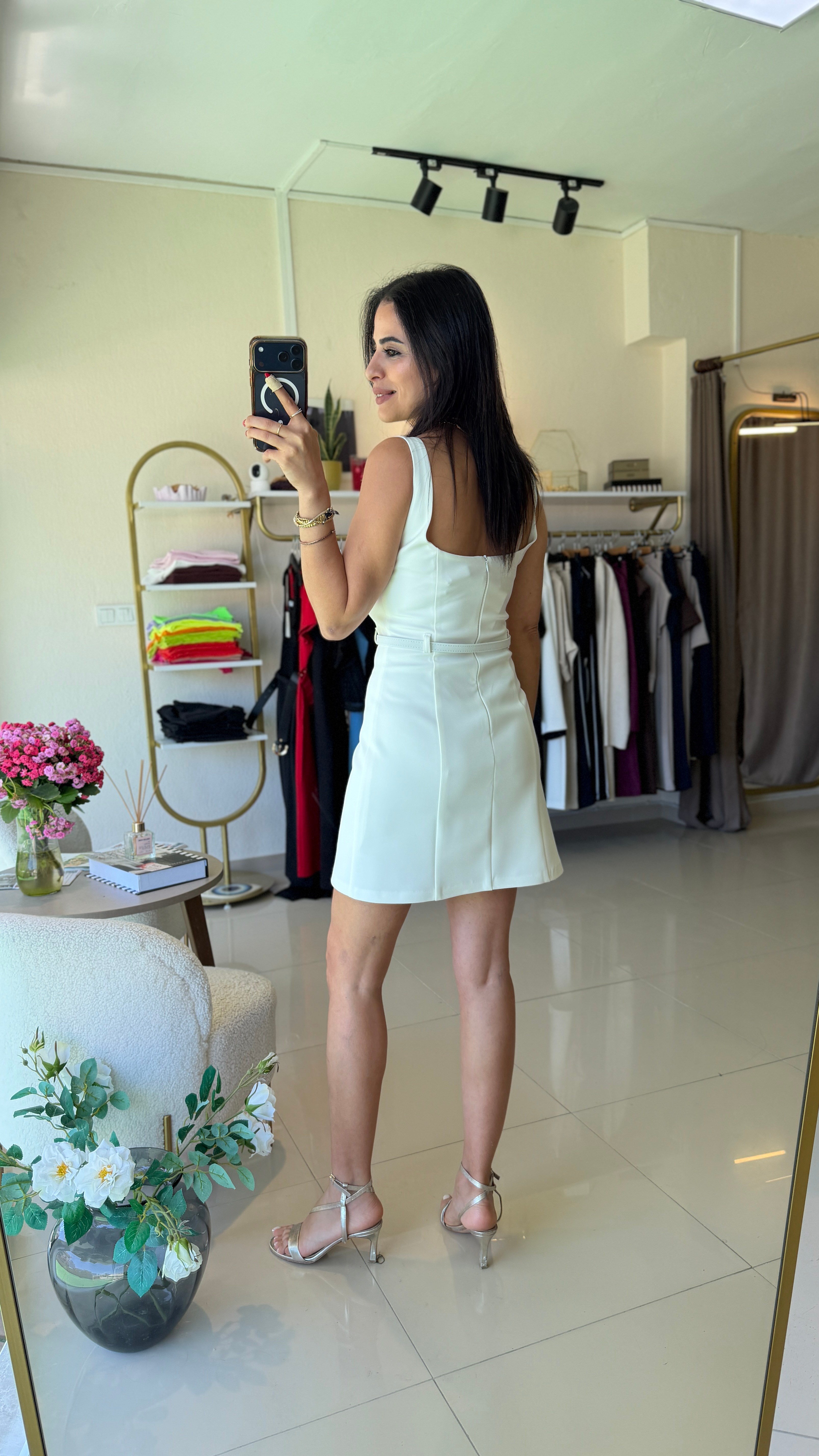Kemerli , Mini Elbise , Beyaz