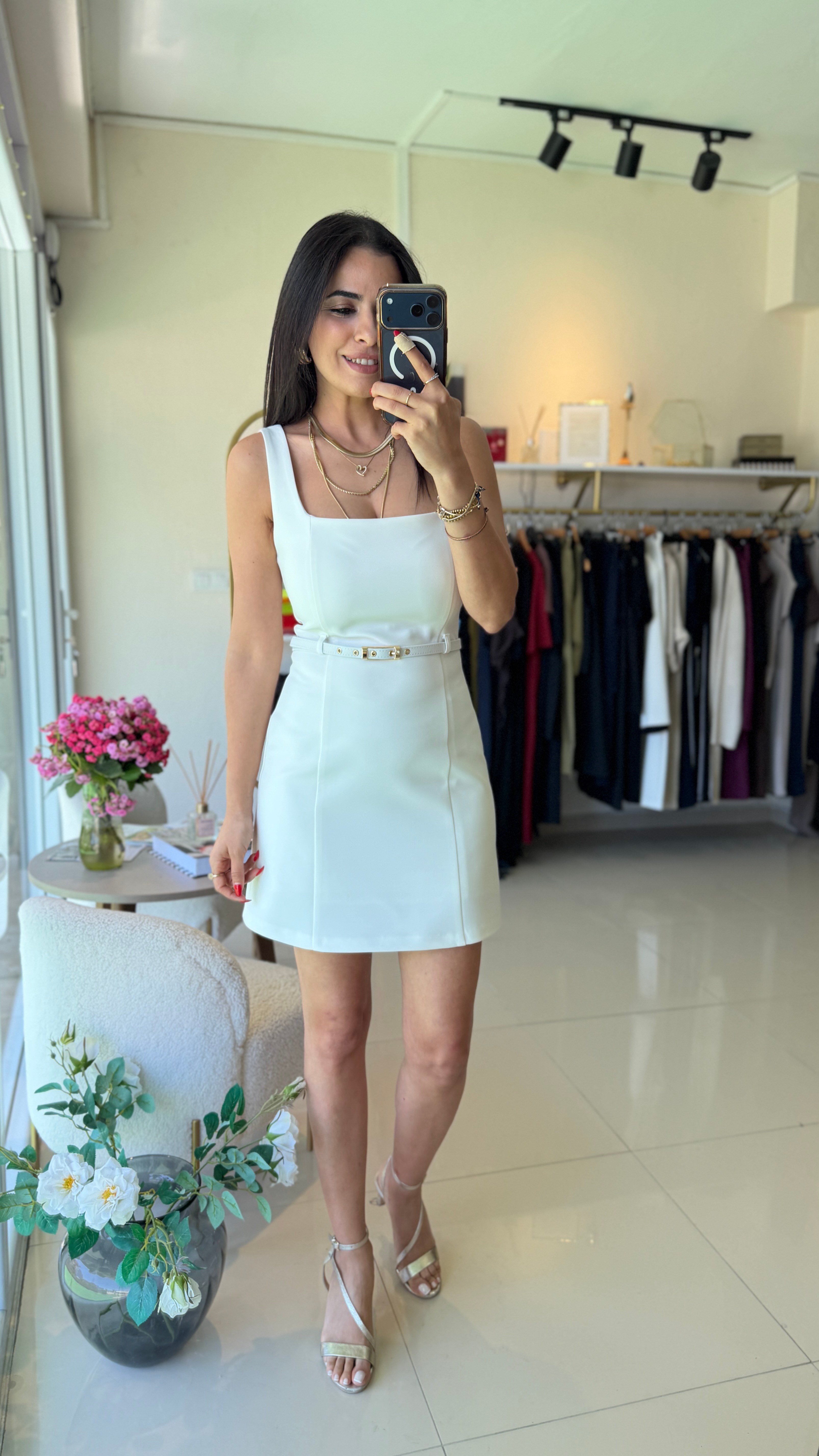 Kemerli , Mini Elbise , Beyaz