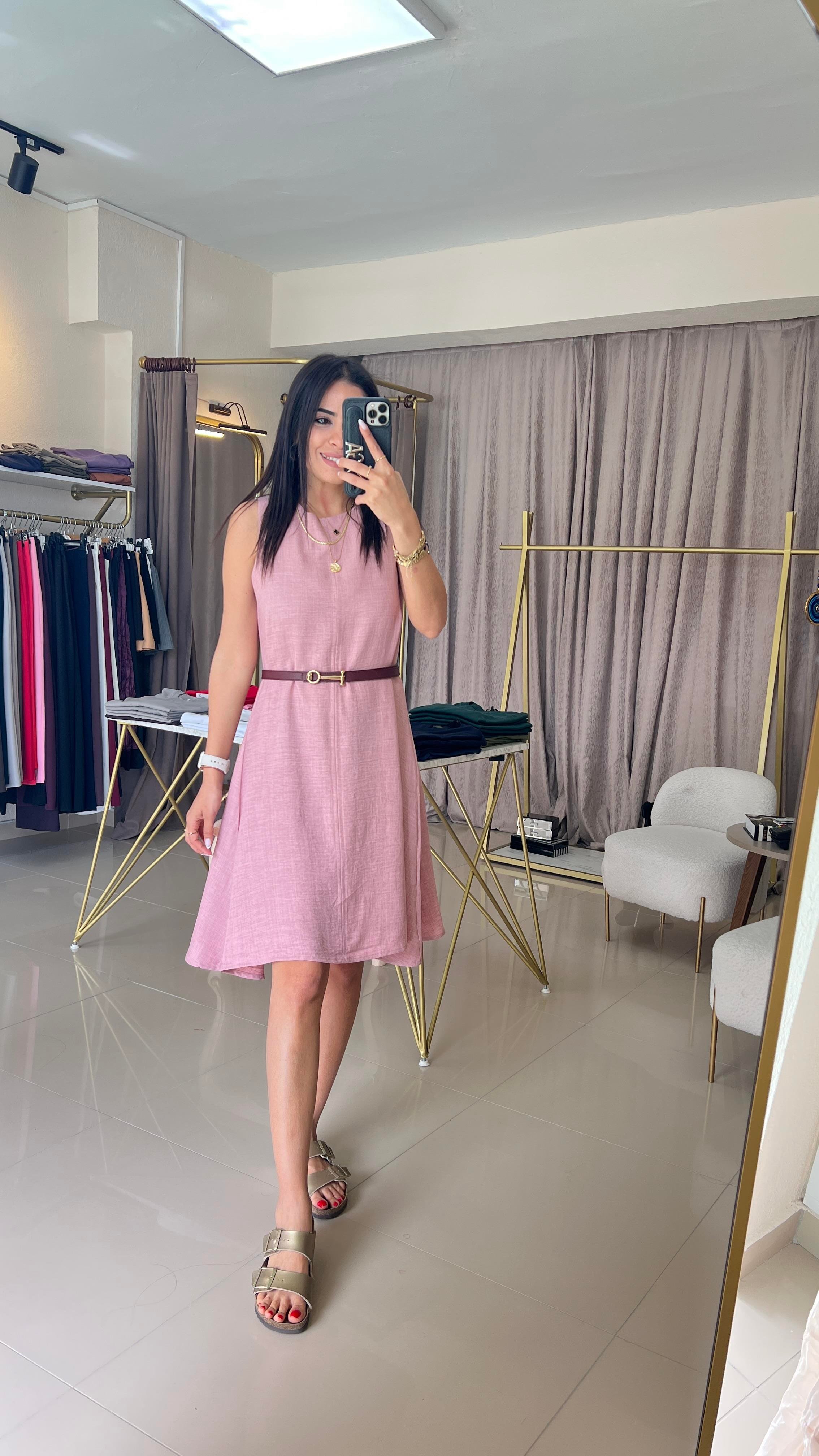 KETEN KUMAŞ ÇAN ELBİSE PEMBE