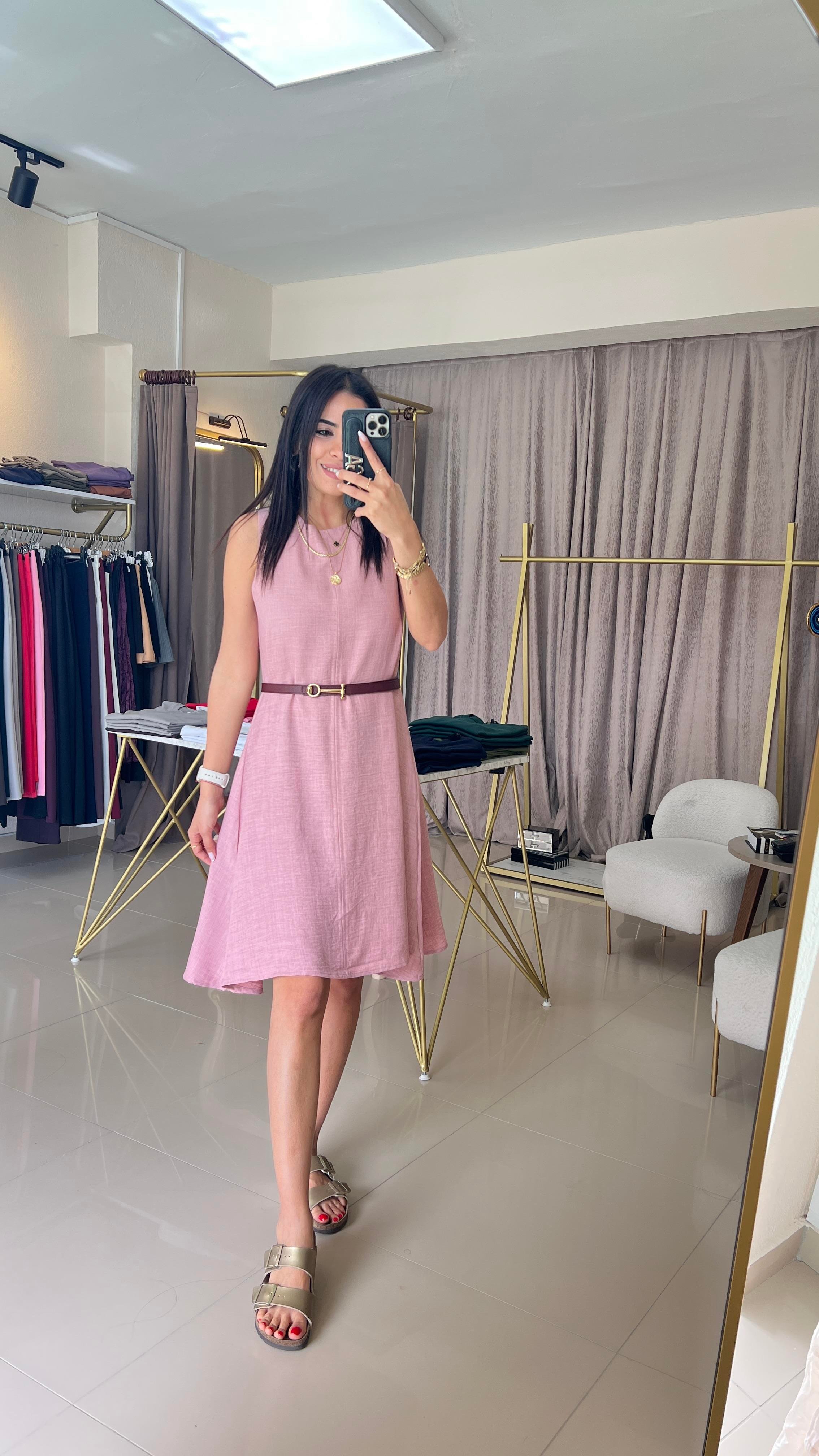 KETEN KUMAŞ ÇAN ELBİSE PEMBE