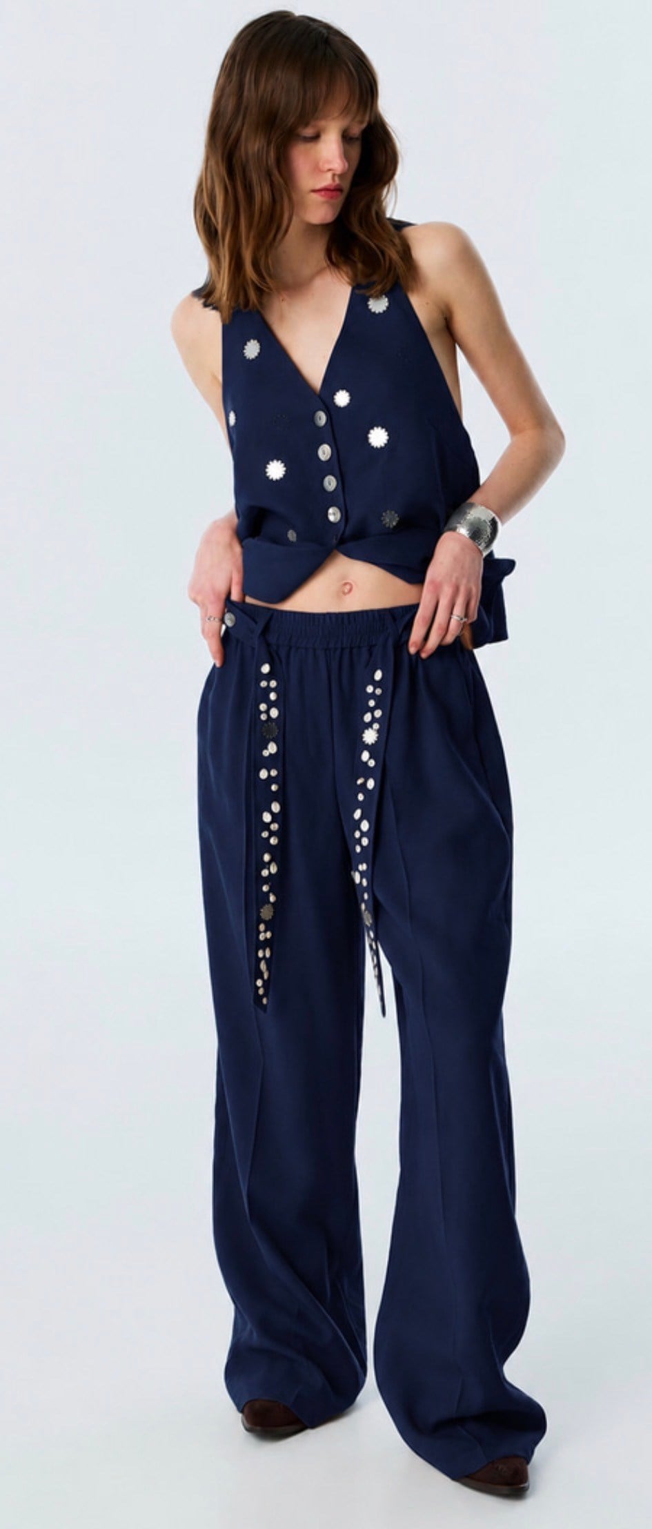 Pul Aksesuarlı , Premium Yelek & Pantolon Lacivert Takım