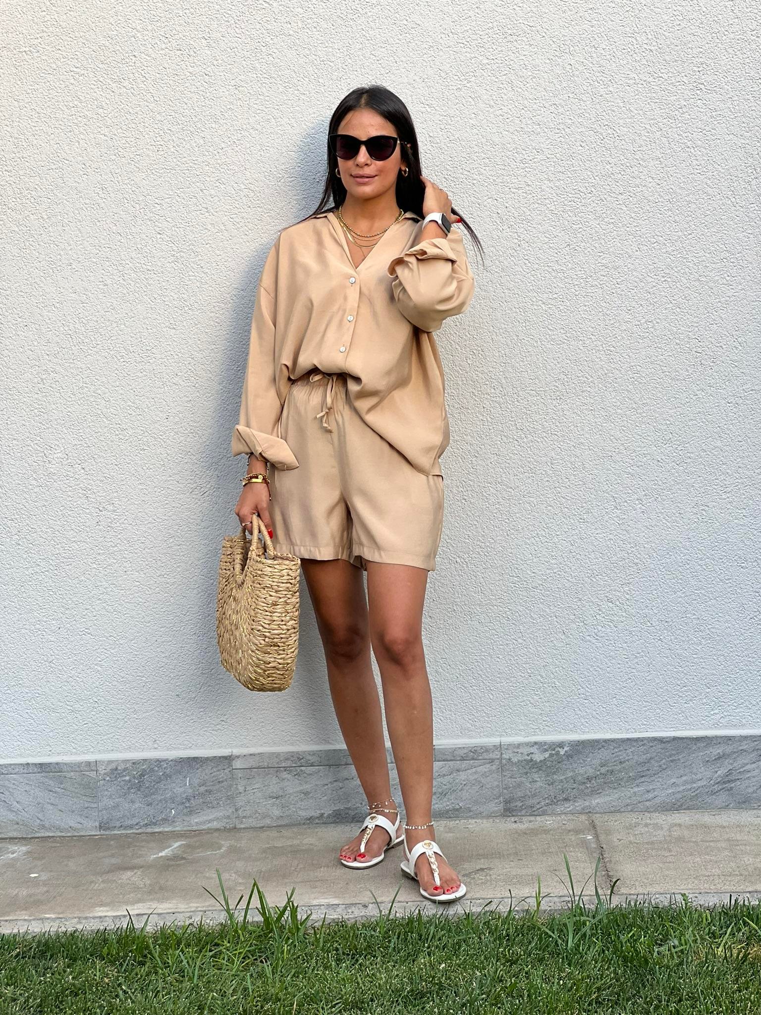 TENCEL KUMAŞ GÖMLEK ŞORT TAKIM CAMEL