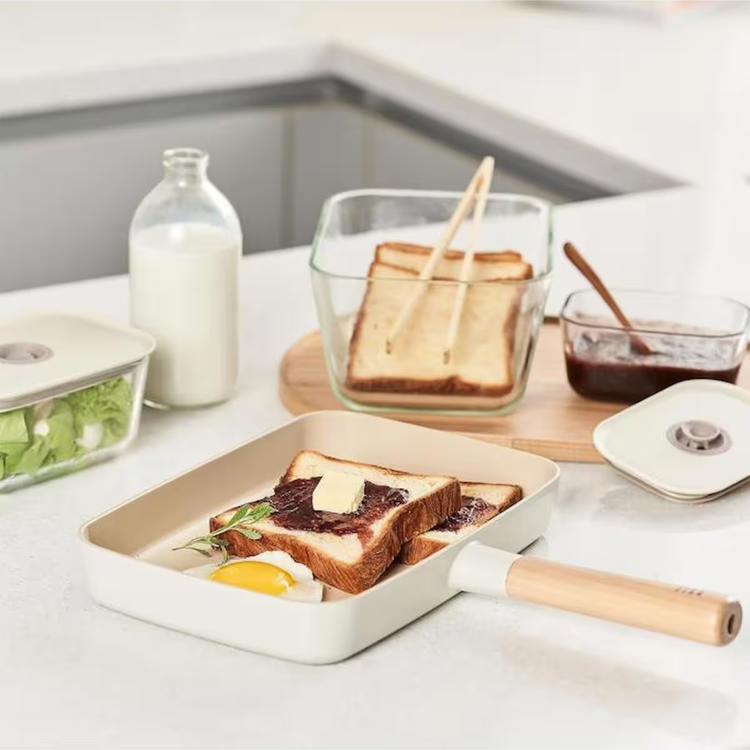 Neoflam Fika Alüminyum Döküm Dörtgen Tava 29Cm Cam Kapaklı Bej