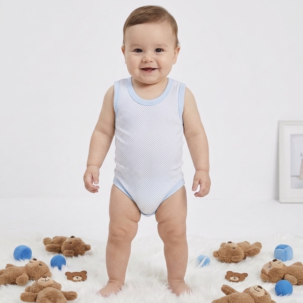 Mavi Noktalı Çıtçıtlı Atlet Bebek Badi 0-6-9-12 Ay