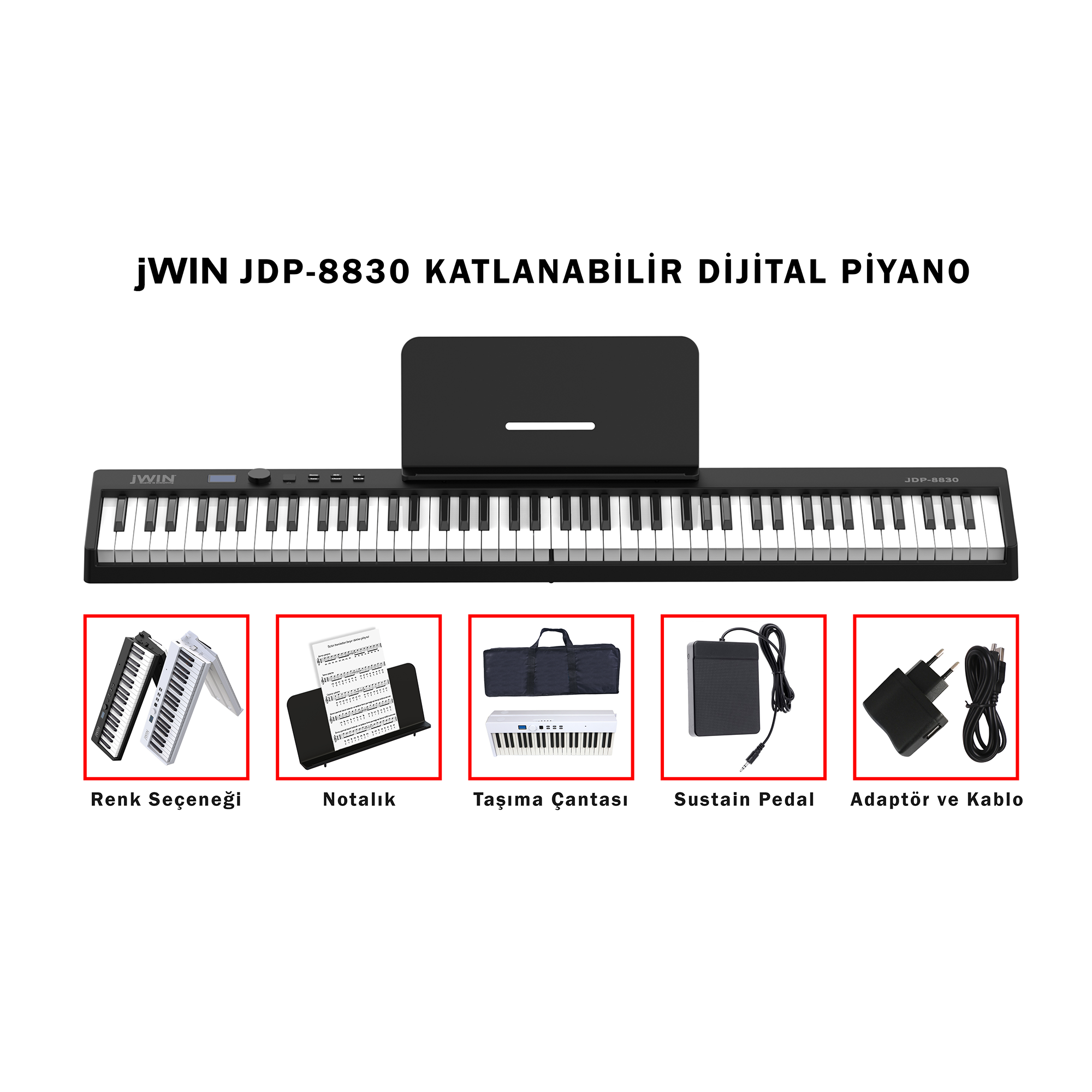 jWIN JDP-8830 Katlanabilir Bluetooth + Şarjlı Piyano - Siyah