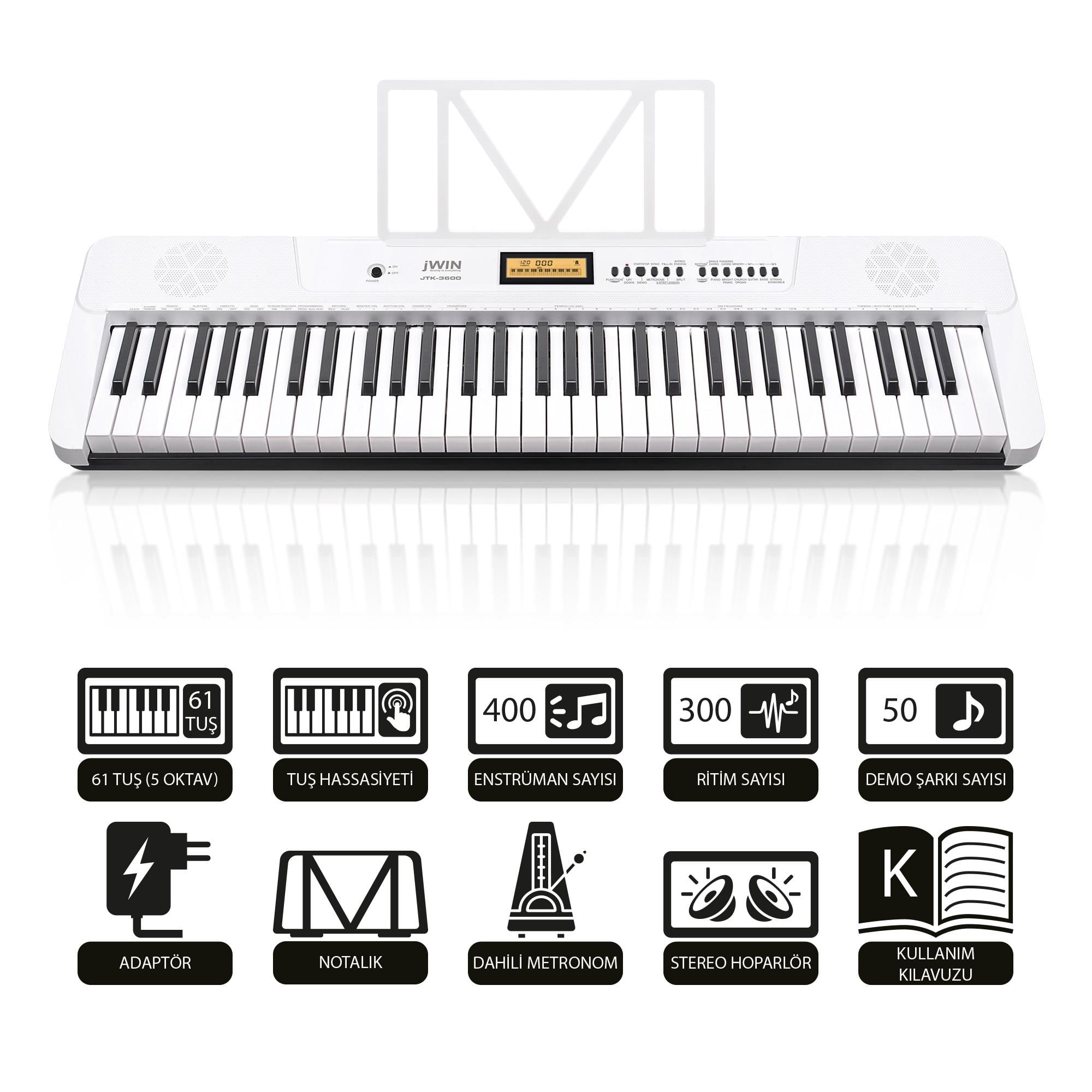 Jwin JTK-3600 61 Tuş Hassasiyetli 5 Oktav Org Seti - Beyaz