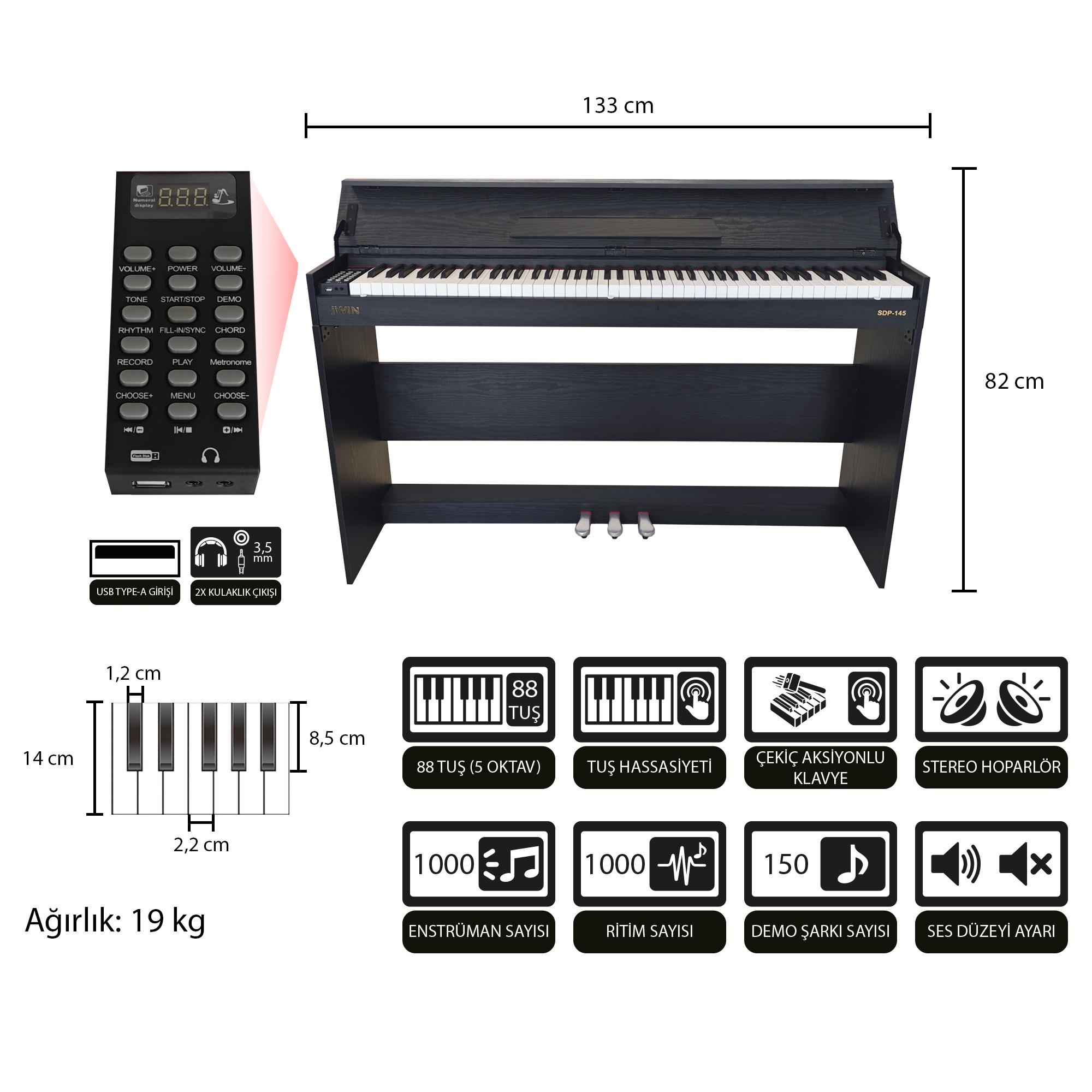Jwin Sapphire SDP-145Çekiç Aksiyonlu 88 Tuşlu Dijital Piyano + Tabure - Siyah