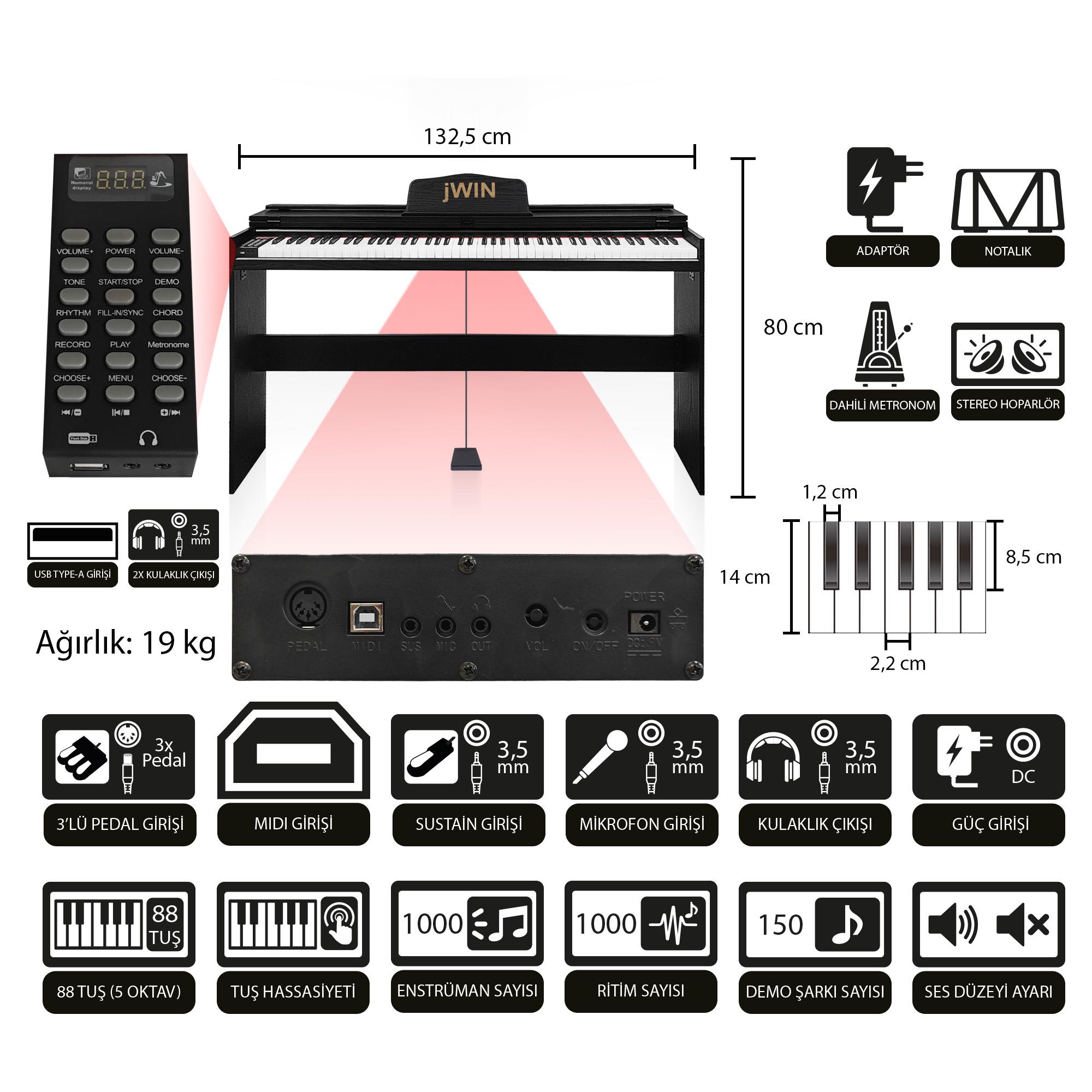 Jwin SDP-92 Tuş Hassasiyetli 88 Tuşlu Kapaklı Dijital Piyano + Tabure - Siyah