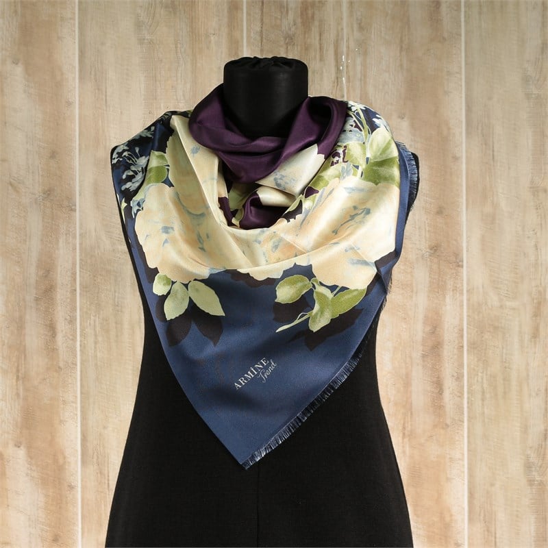 Armine Trend Dijital Baskılı Tafta Eşarp - Çiçek Kenarlı, Ortası Boş - 135 B1 - Lacivert / Mor