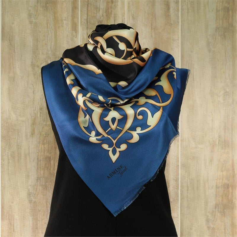 Armine Trend Dijital Baskılı Tafta Eşarp - Osmanlı Otantik Desen - 2175 B9 - Mavi, Siyah