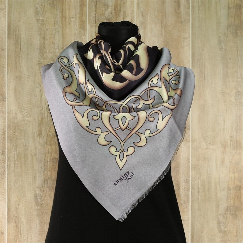 Armine Trend Dijital Baskılı Tafta Eşarp - Osmanlı Otantik Desen - 2175 B14 - Gümüş, Siyah