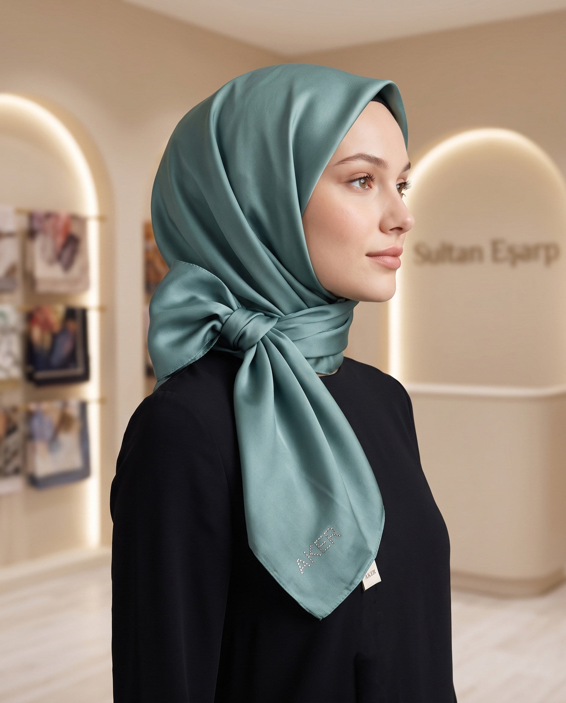 Aker Kristal Eşarp - Düz Renk - Taş İşleme Logolu - 952 - Yeşil