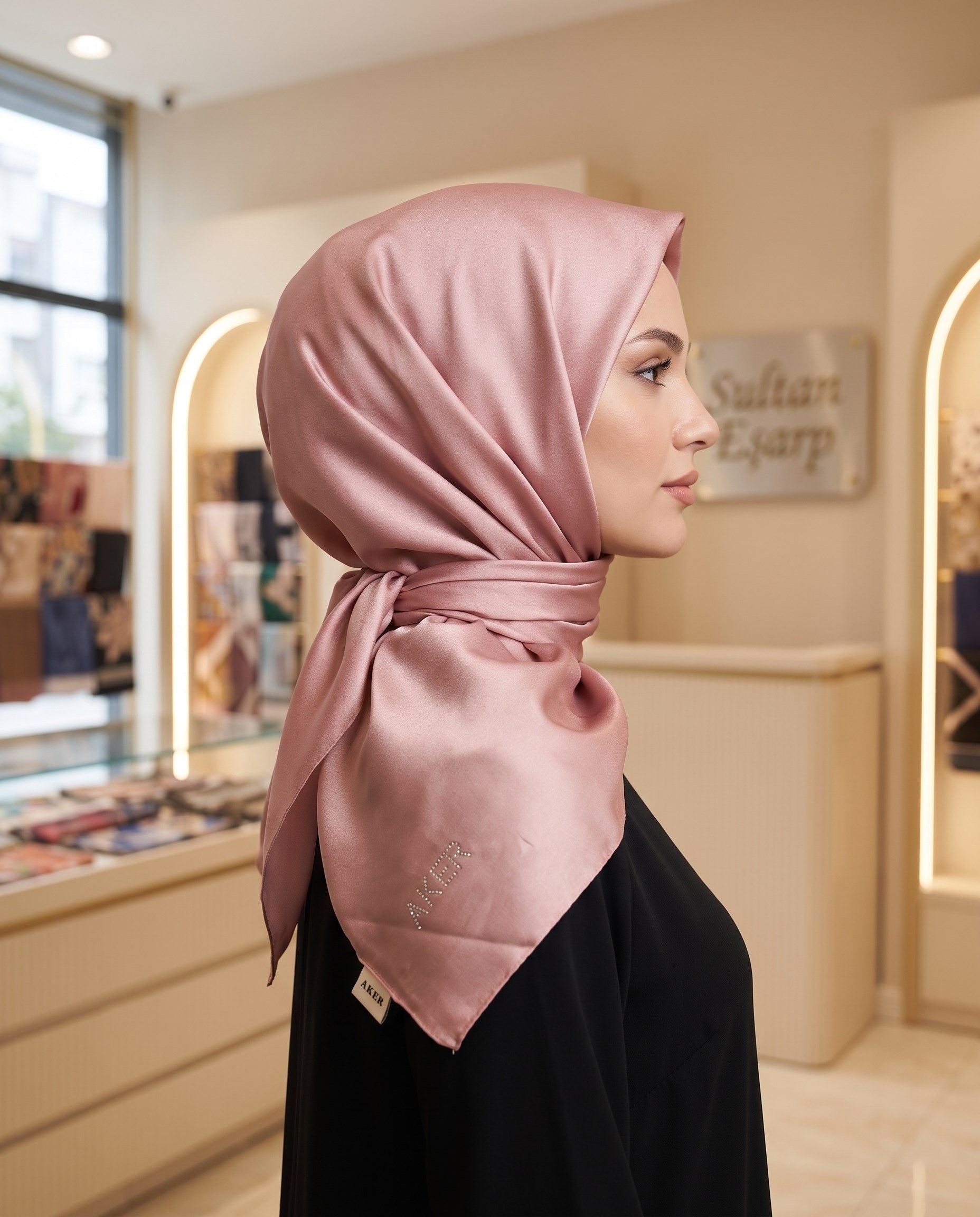 Aker Kristal Eşarp - Düz Renk - Taş İşleme Logolu - 992 - Pembe