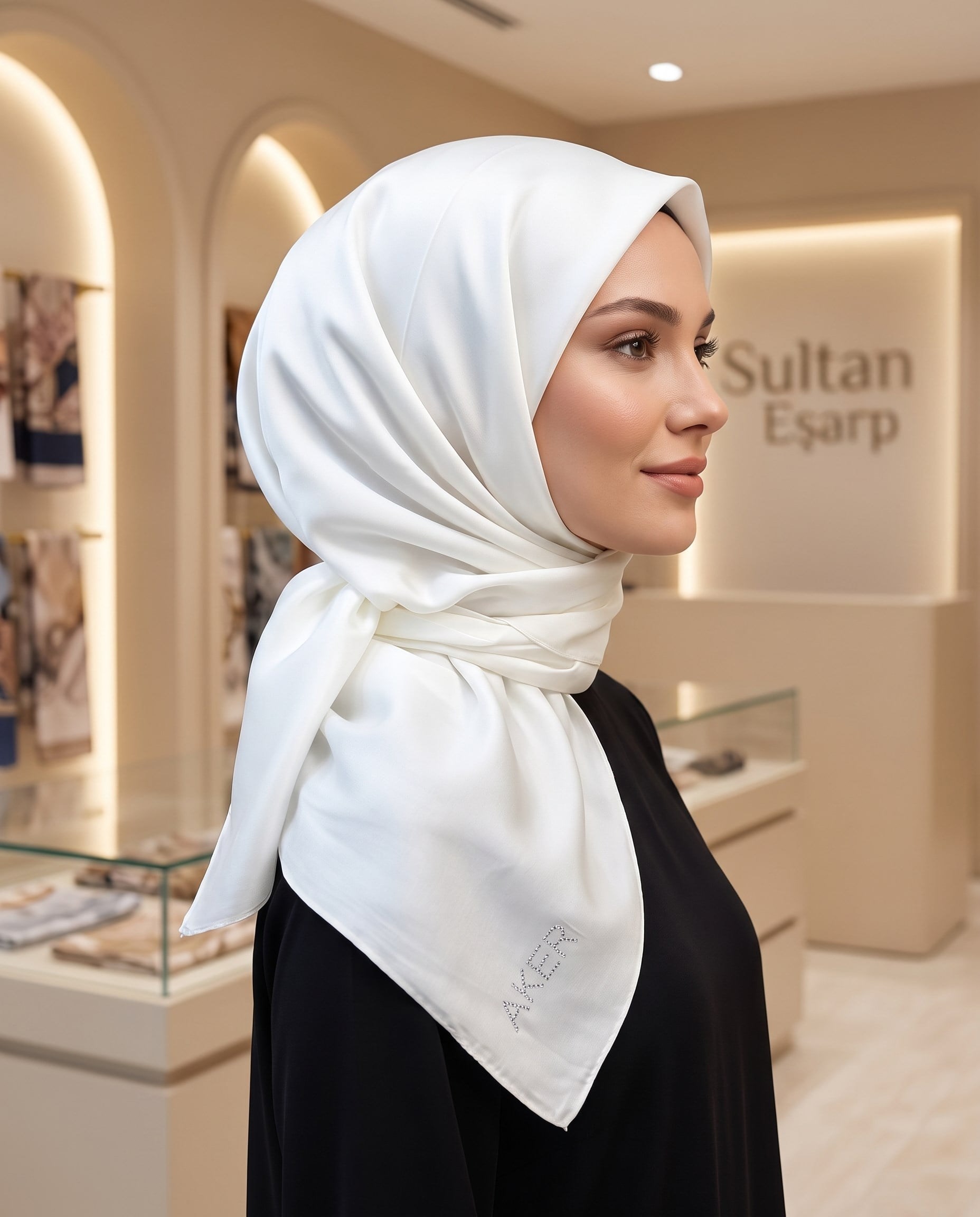 Aker Kristal Eşarp - Düz Renk - Taş İşleme Logolu - 912 - Krem
