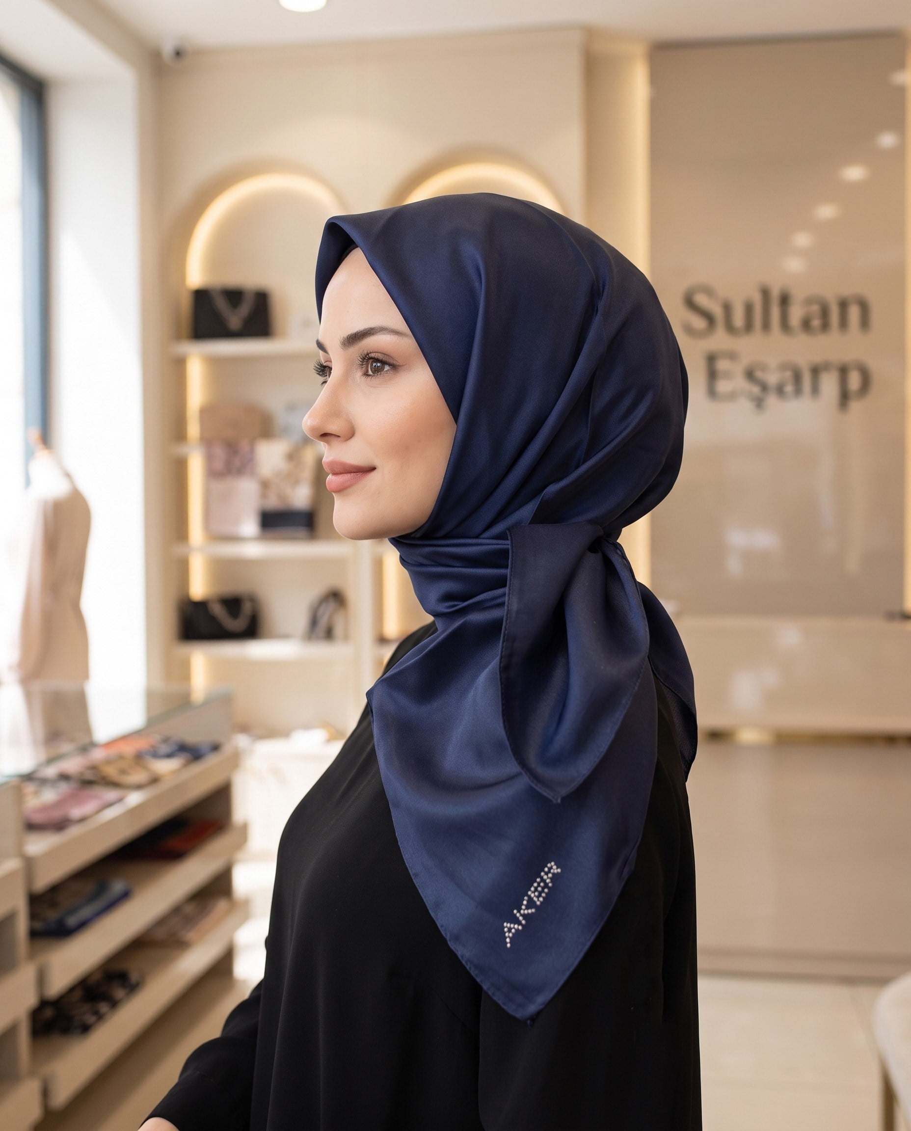 Aker Kristal Eşarp - Düz Renk - Taş İşleme Logolu - 925 - Antrasit