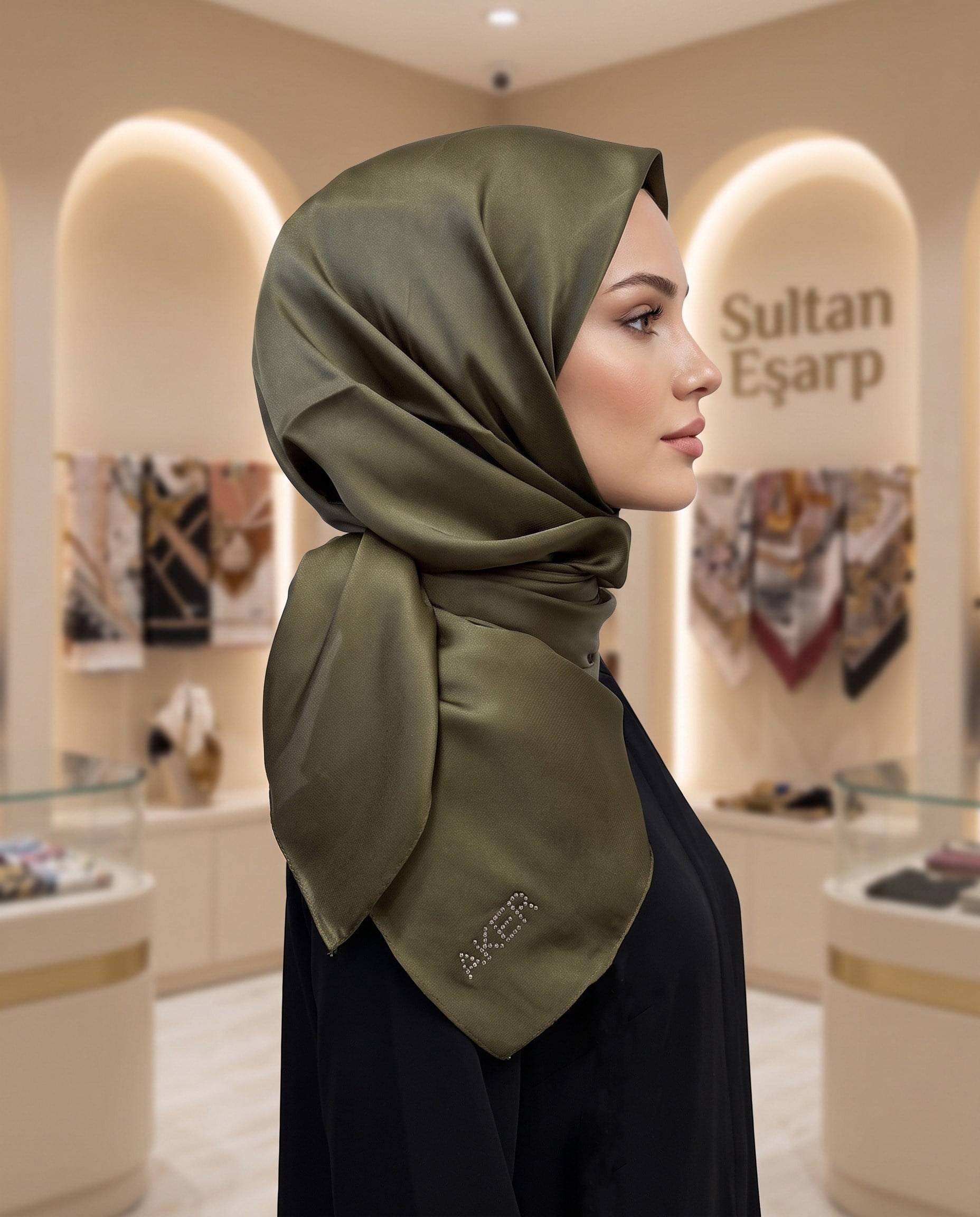 Aker Kristal Eşarp - Düz Renk - Taş İşleme Logolu - 953 - Haki