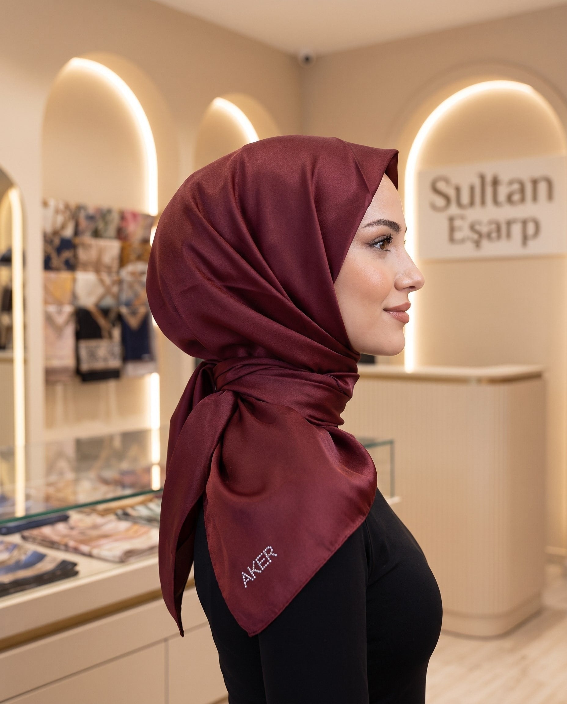 Aker Kristal Eşarp - Düz Renk - Taş İşleme Logolu - 943 - Bordo
