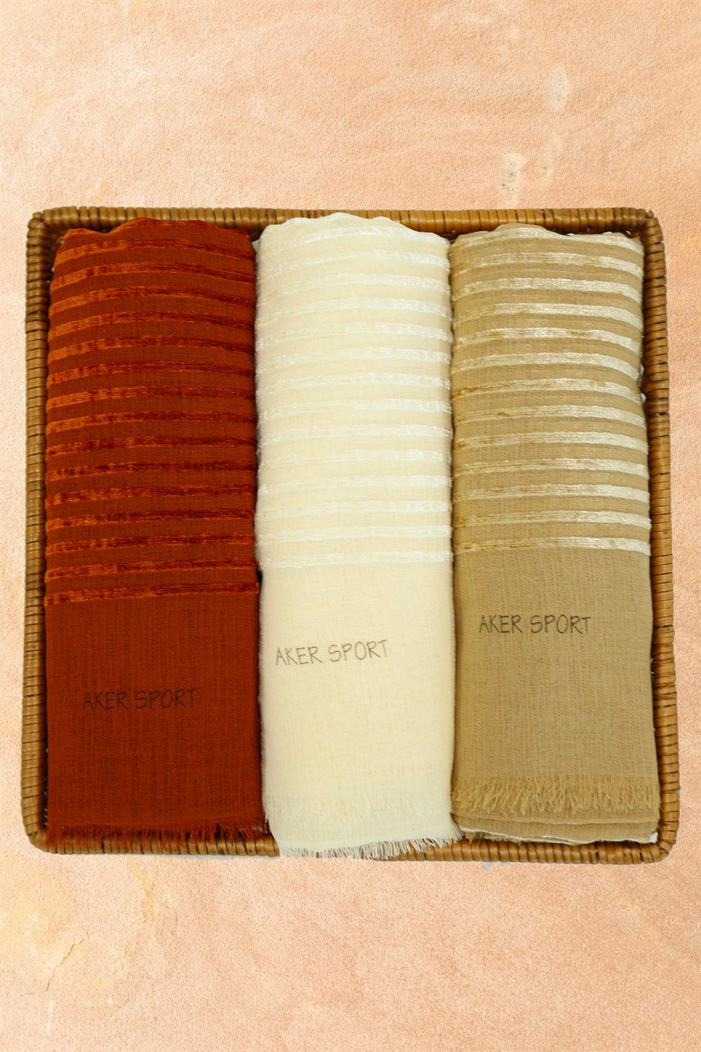 Aker Sport Kadife Şeritli Şal - 3'lü Set - Krem, Gold, Kiremit