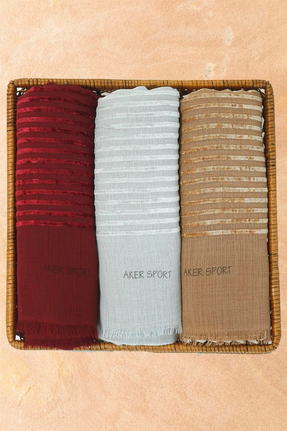 Aker Sport Kadife Şeritli Şal - 3'lü Set - Bordo, Gri, Vizon