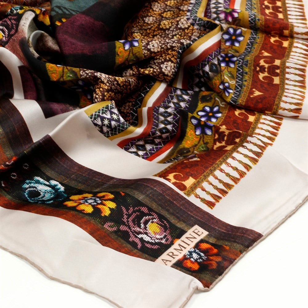 Armine İpek Eşarp - Nostalji Serisi - 8001D 31 - Sura - Otantik Kilim Deseni