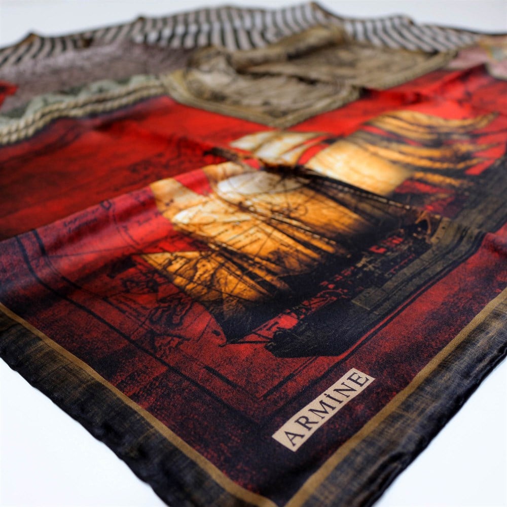 Armine İpek Eşarp - Nostalji Serisi - 7473D 25 -Gemili, Haritalı Model