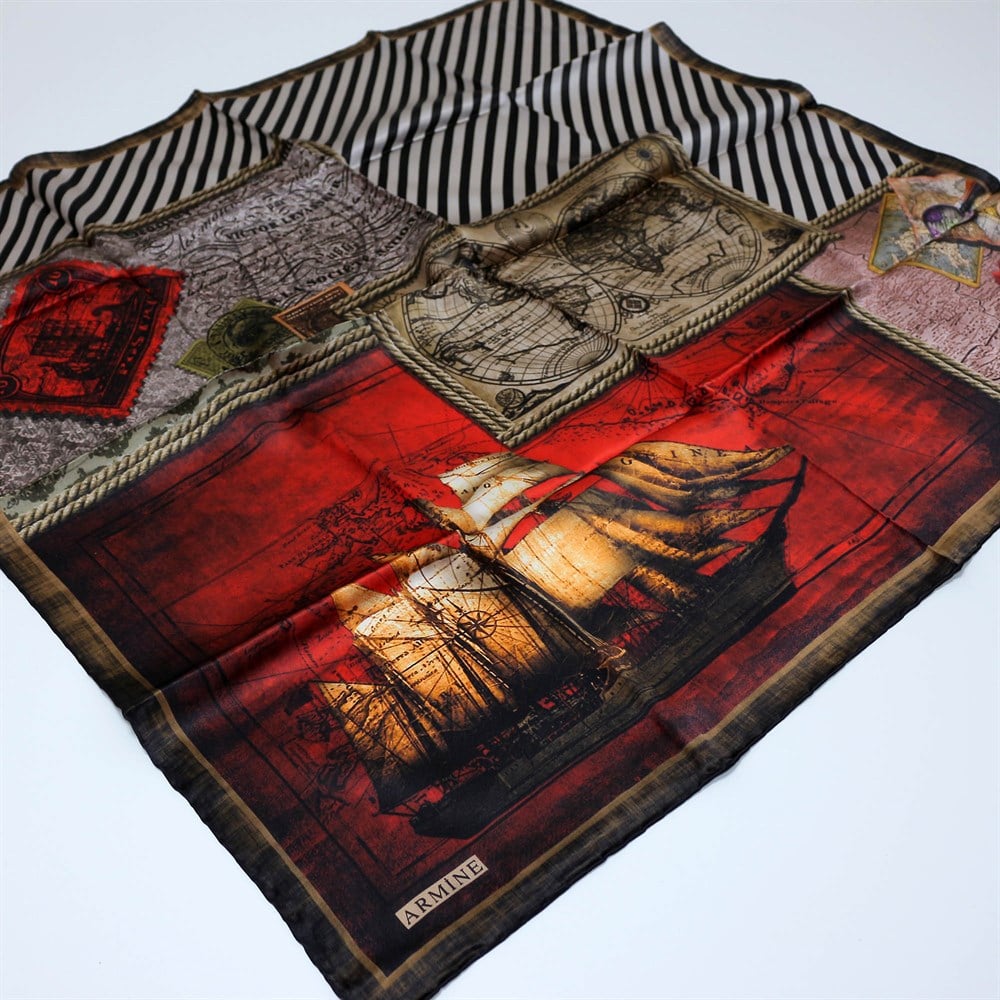 Armine İpek Eşarp - Nostalji Serisi - 7473D 25 -Gemili, Haritalı Model