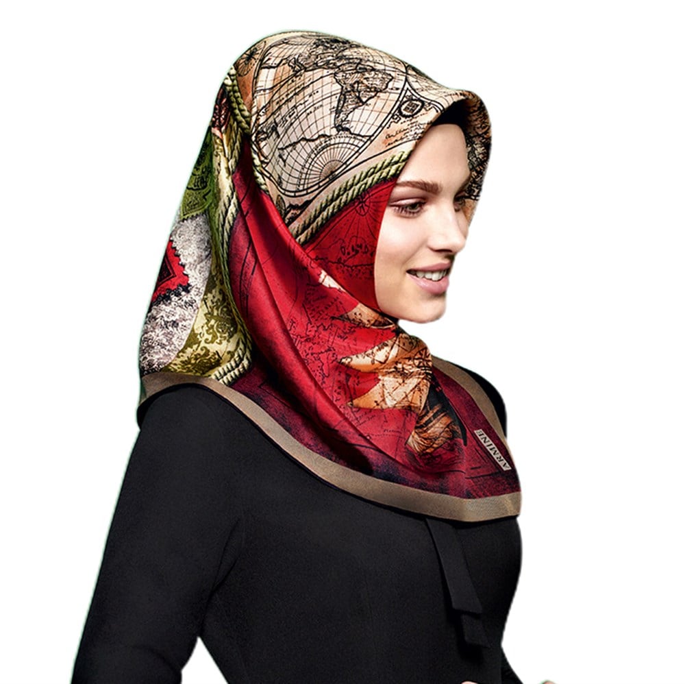 Armine İpek Eşarp - Nostalji Serisi - 7473D 25 -Gemili, Haritalı Model