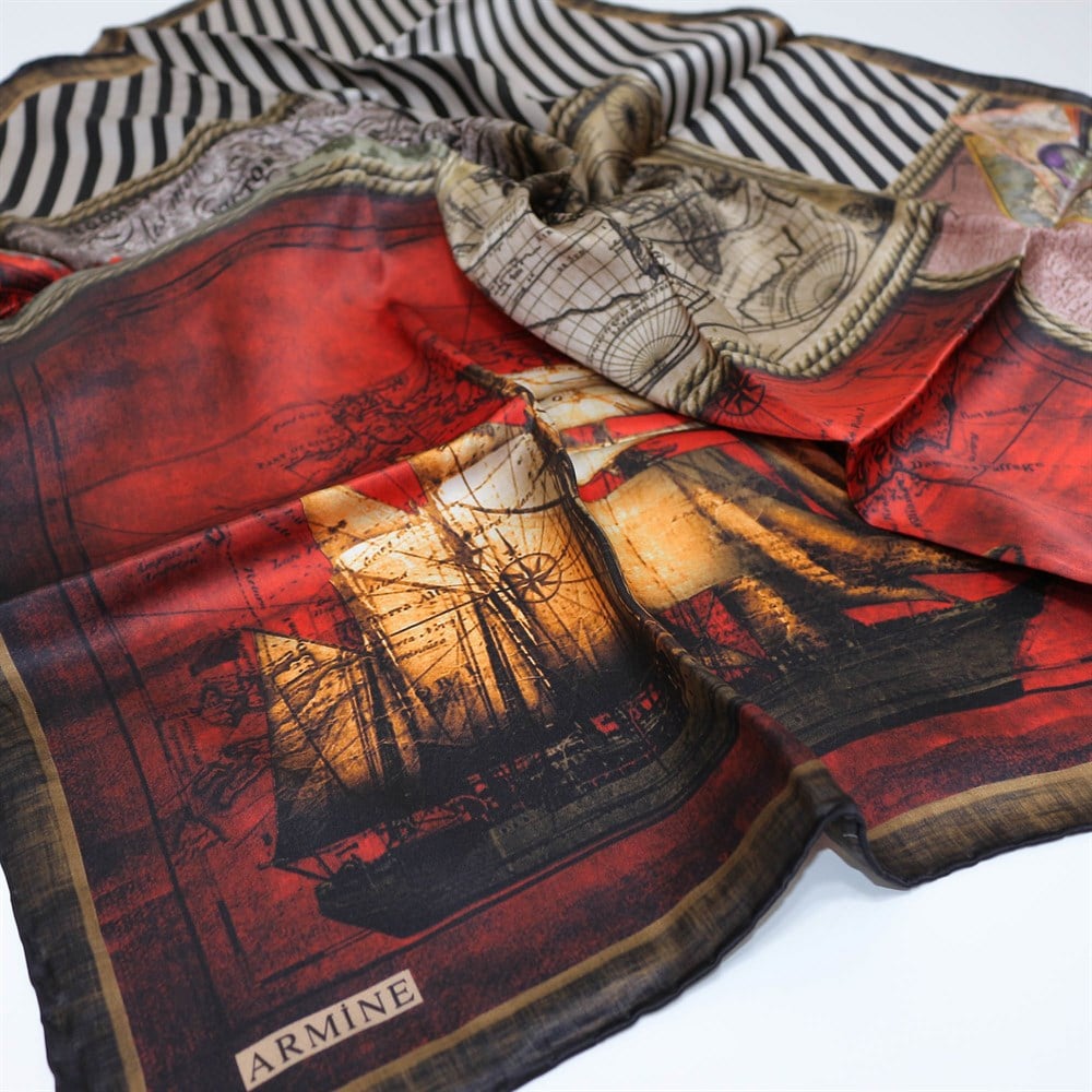 Armine İpek Eşarp - Nostalji Serisi - 7473D 25 -Gemili, Haritalı Model