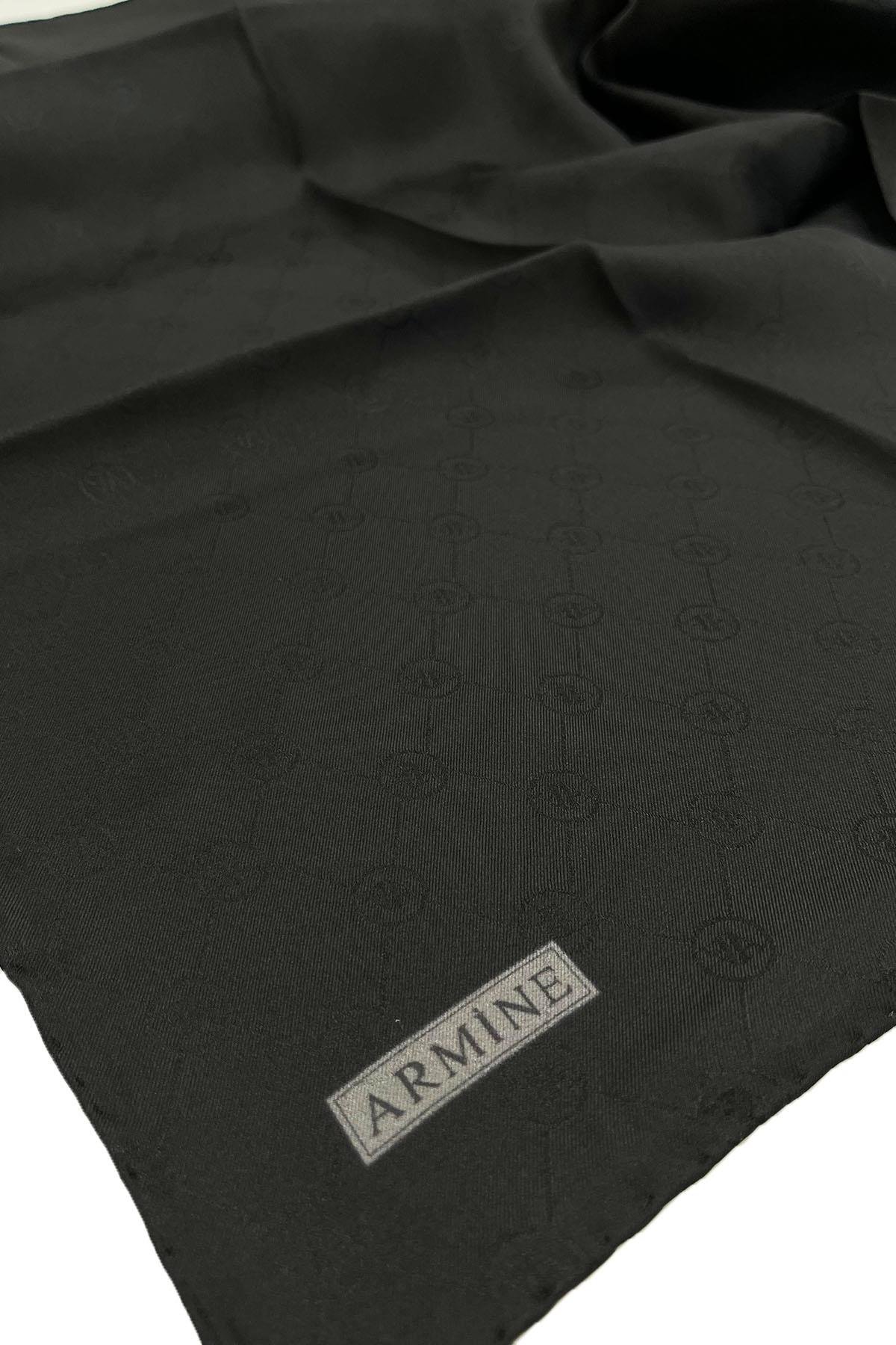 Armine Jakarlı İpek Eşarp - Monogram Desen - 01 - Siyah