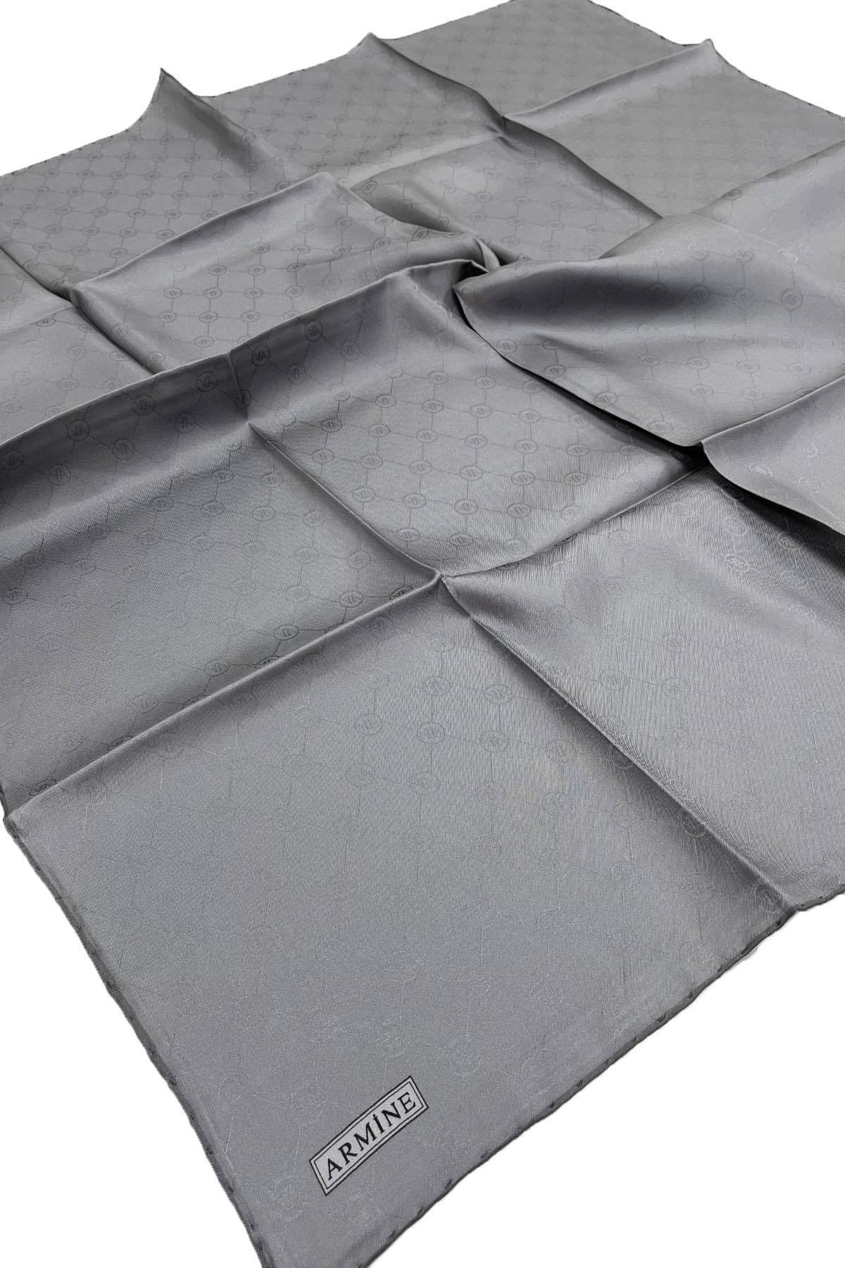 Armine Jakarlı İpek Eşarp - Monogram Desen - 245361 - Füme