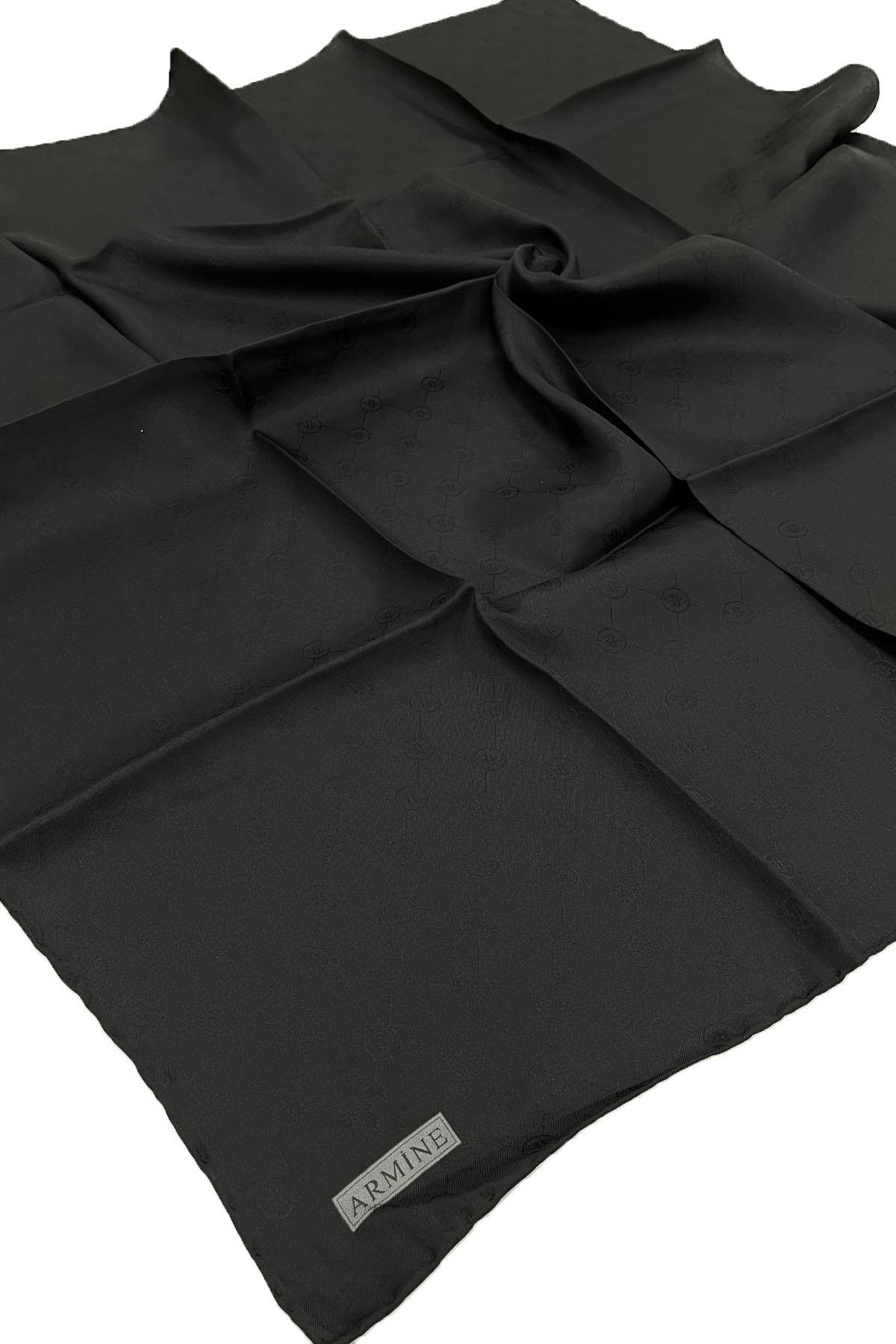 Armine Jakarlı İpek Eşarp - Monogram Desen - 01 - Siyah