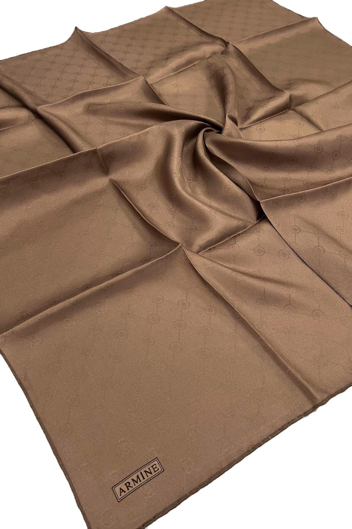 Armine Jakarlı İpek Eşarp - Monogram Desen - 245348 - Kahve