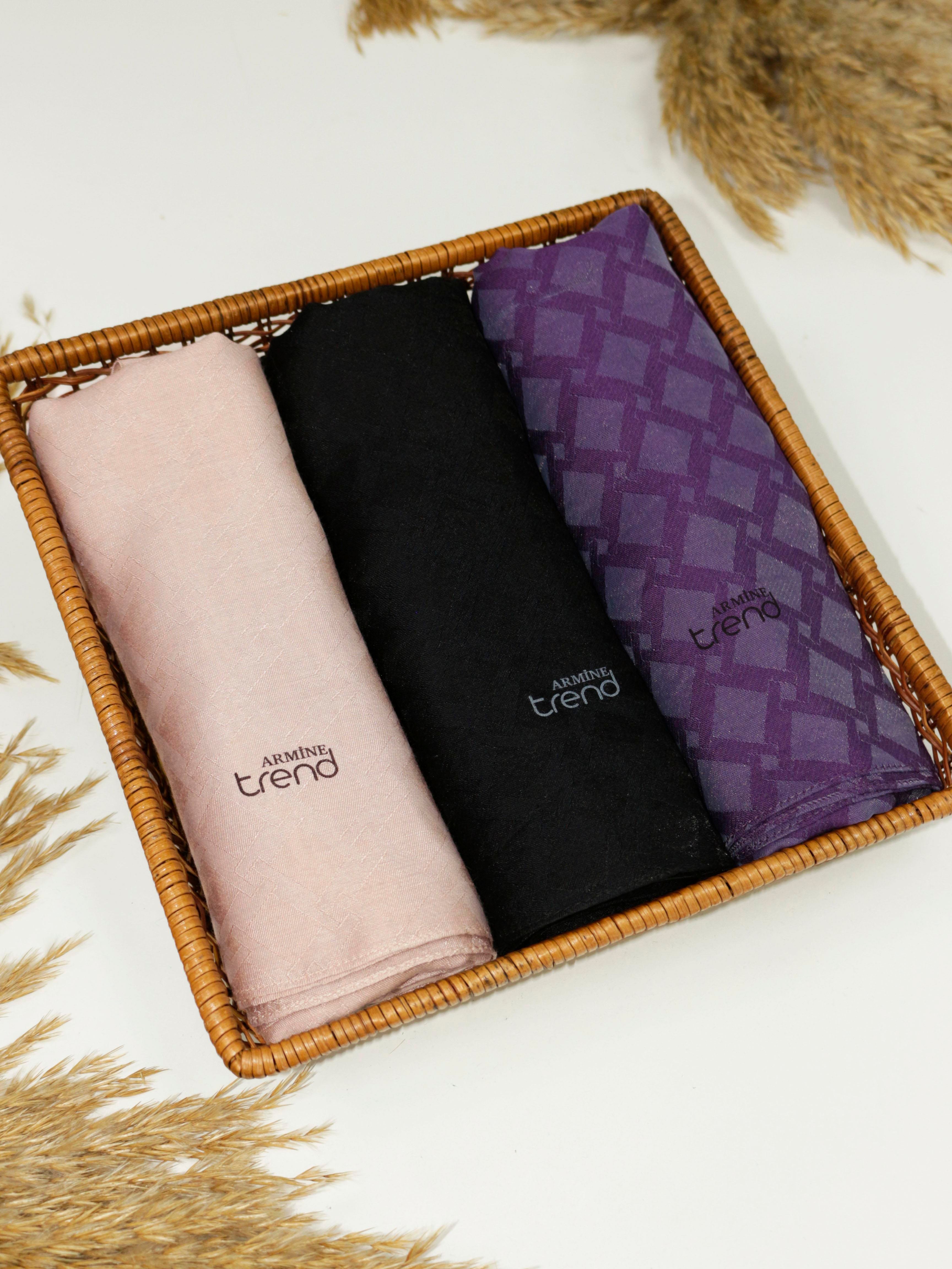 Armine Lia Pamuk Jakarlı Şal - Karo Desen - ATS1LIA - 3'lü Set -