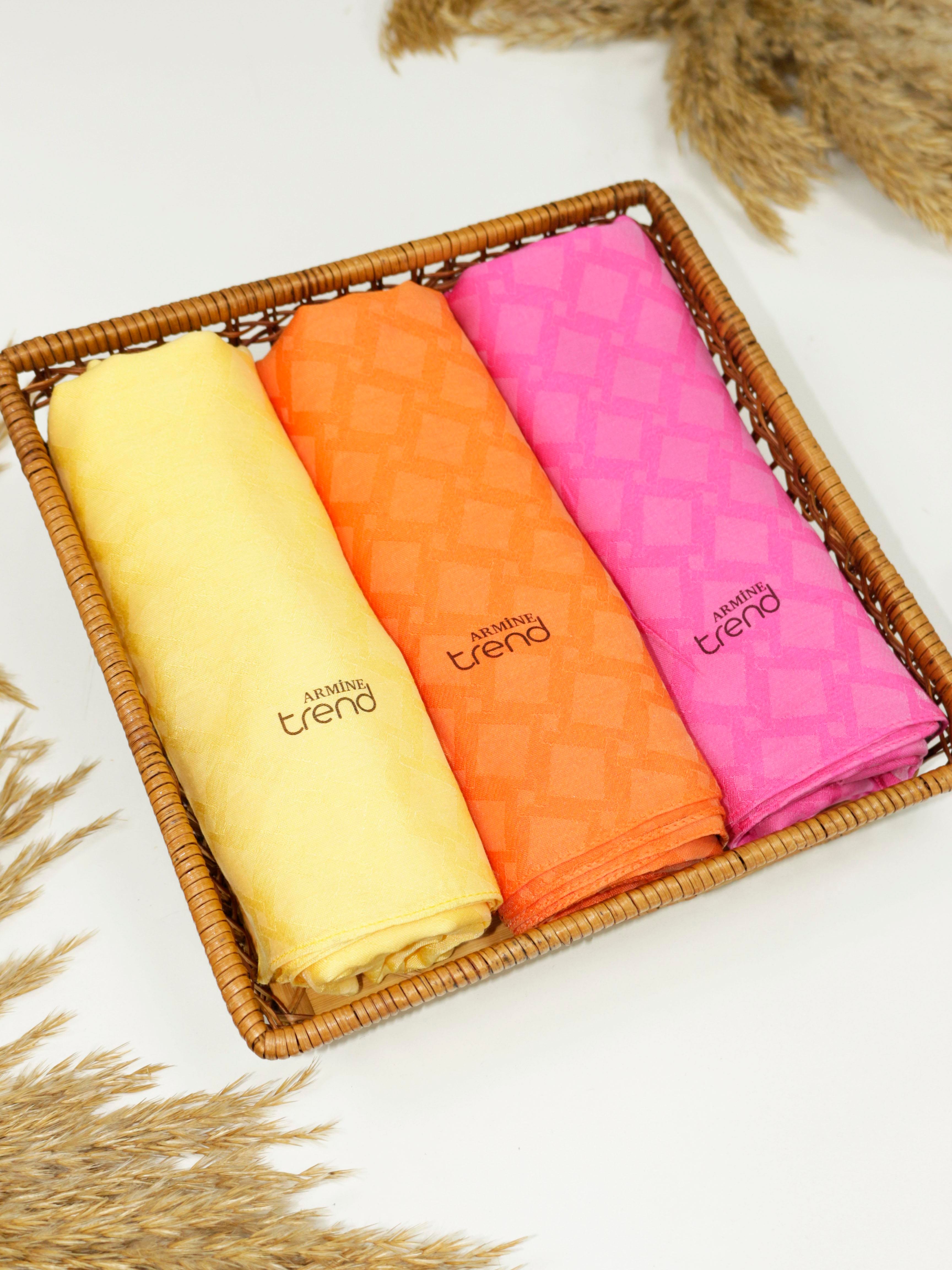 Armine Lia Pamuk Jakarlı Şal - Karo Desen - ATS1LIA - 3'lü Set -