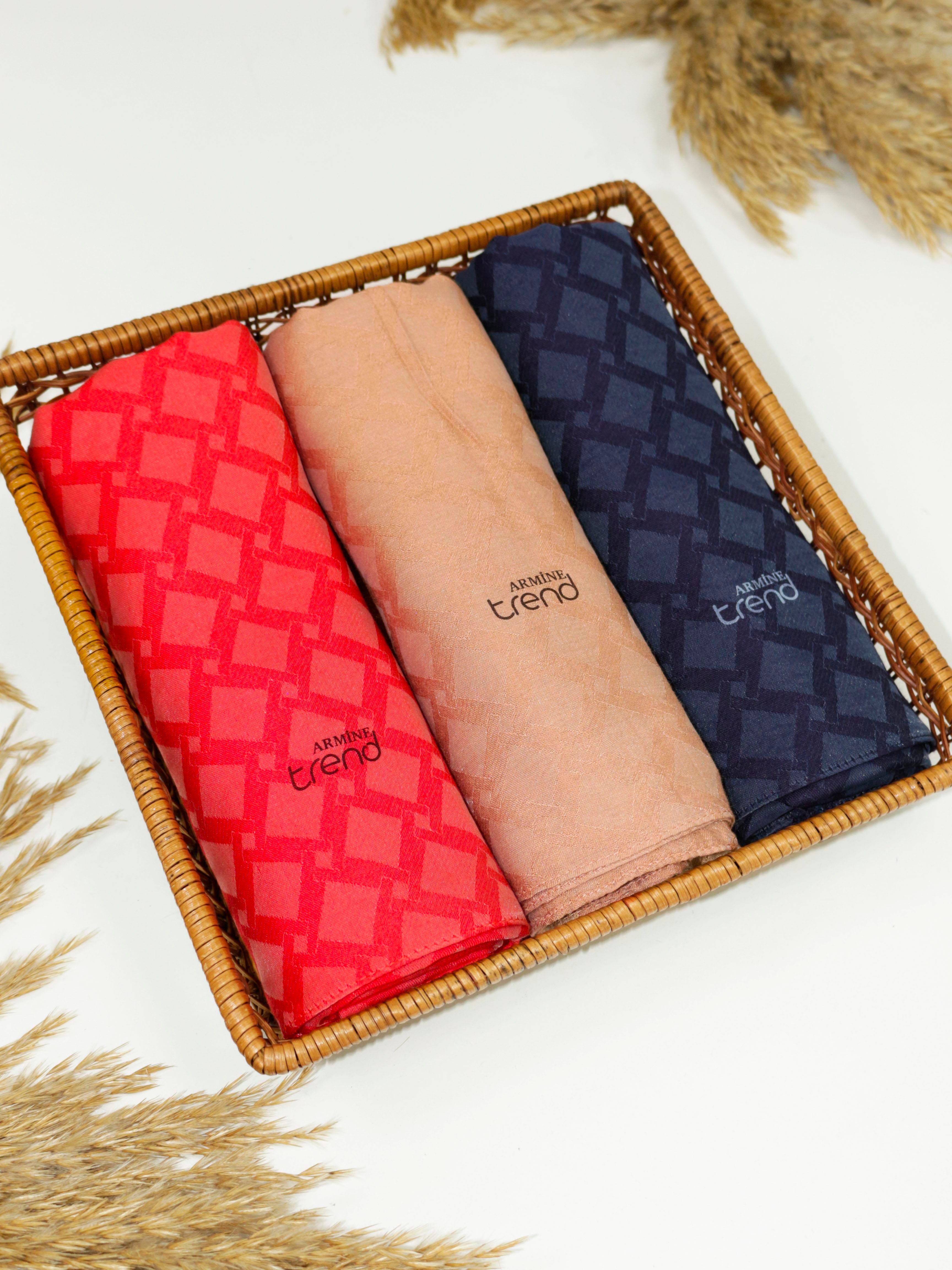 Armine Lia Pamuk Jakarlı Şal - Karo Desen - ATS1LIA - 3'lü Set -