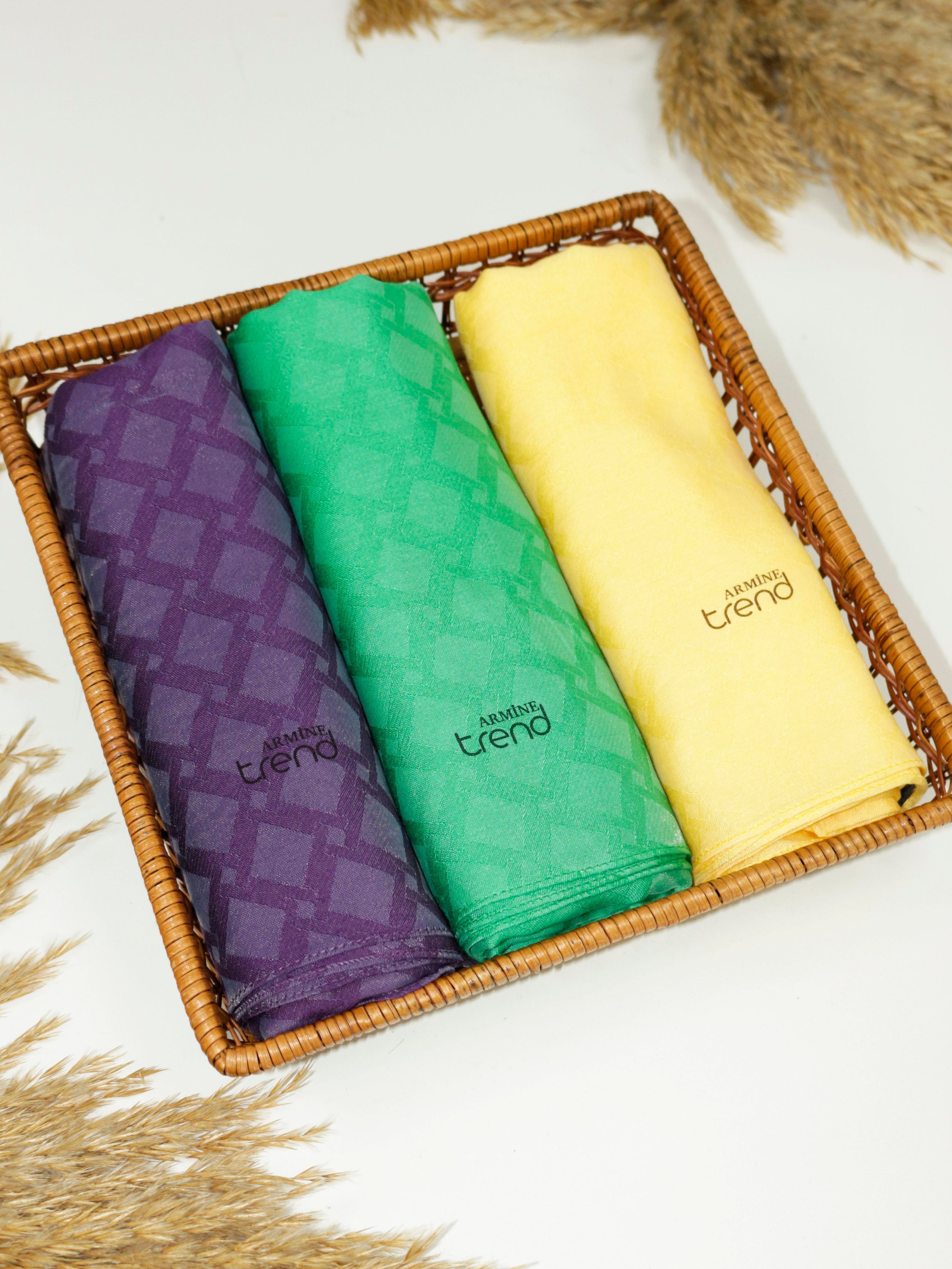 Armine Lia Pamuk Jakarlı Şal - Karo Desen - ATS1LIA - 3'lü Set -