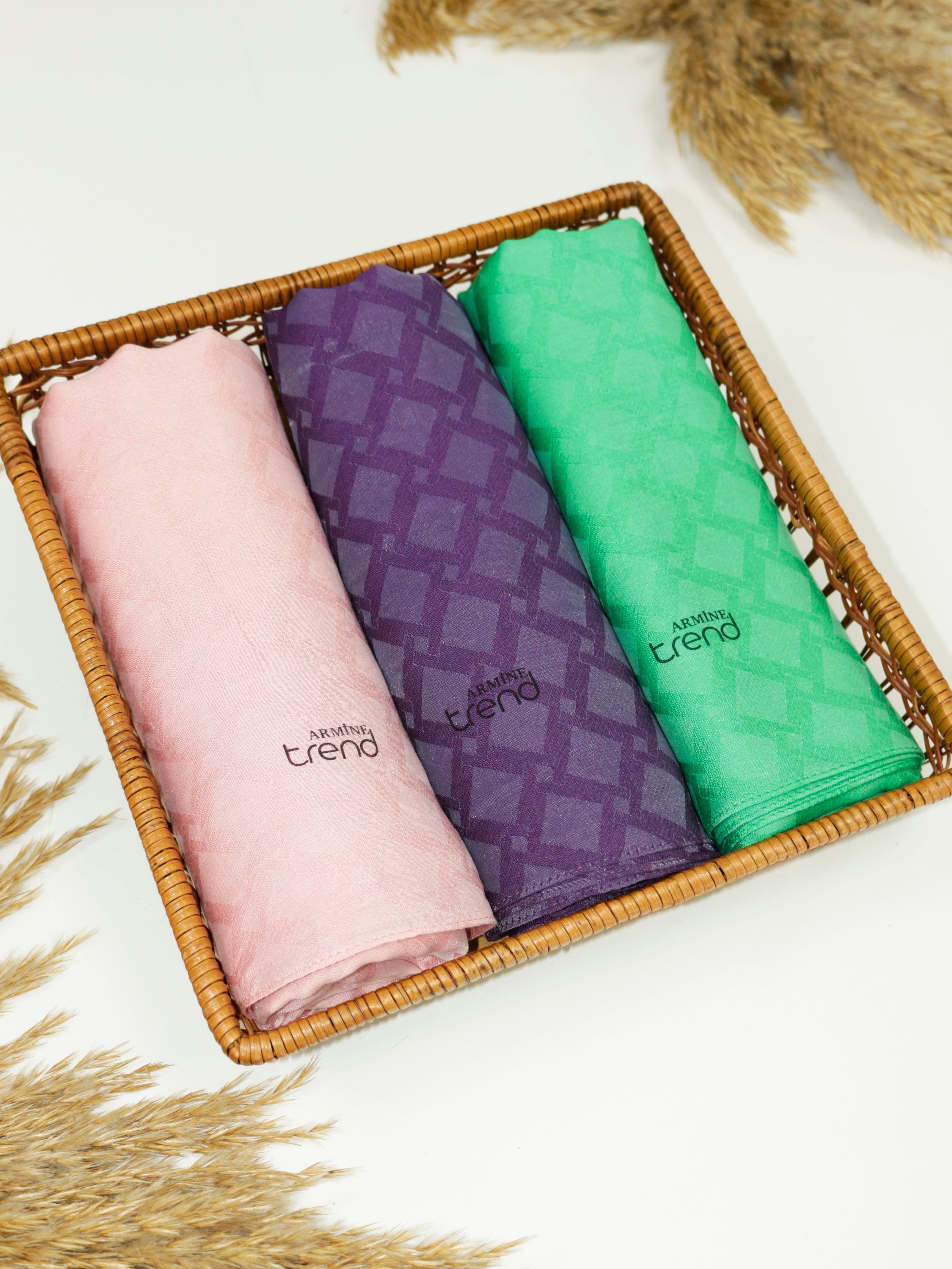 Armine Lia Pamuk Jakarlı Şal - Karo Desen - ATS1LIA - 3'lü Set -