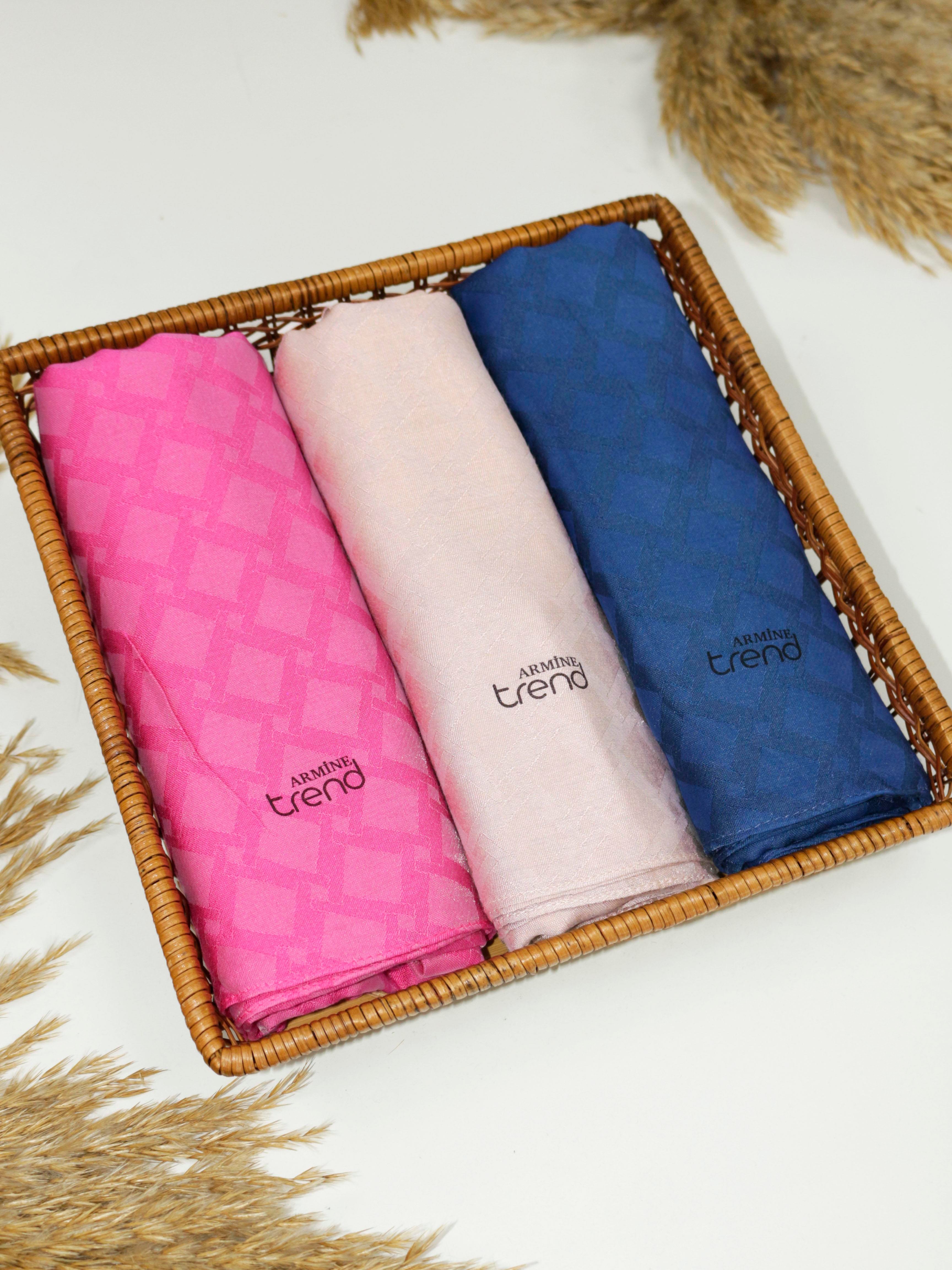 Armine Lia Pamuk Jakarlı Şal - Karo Desen - ATS1LIA - 3'lü Set -