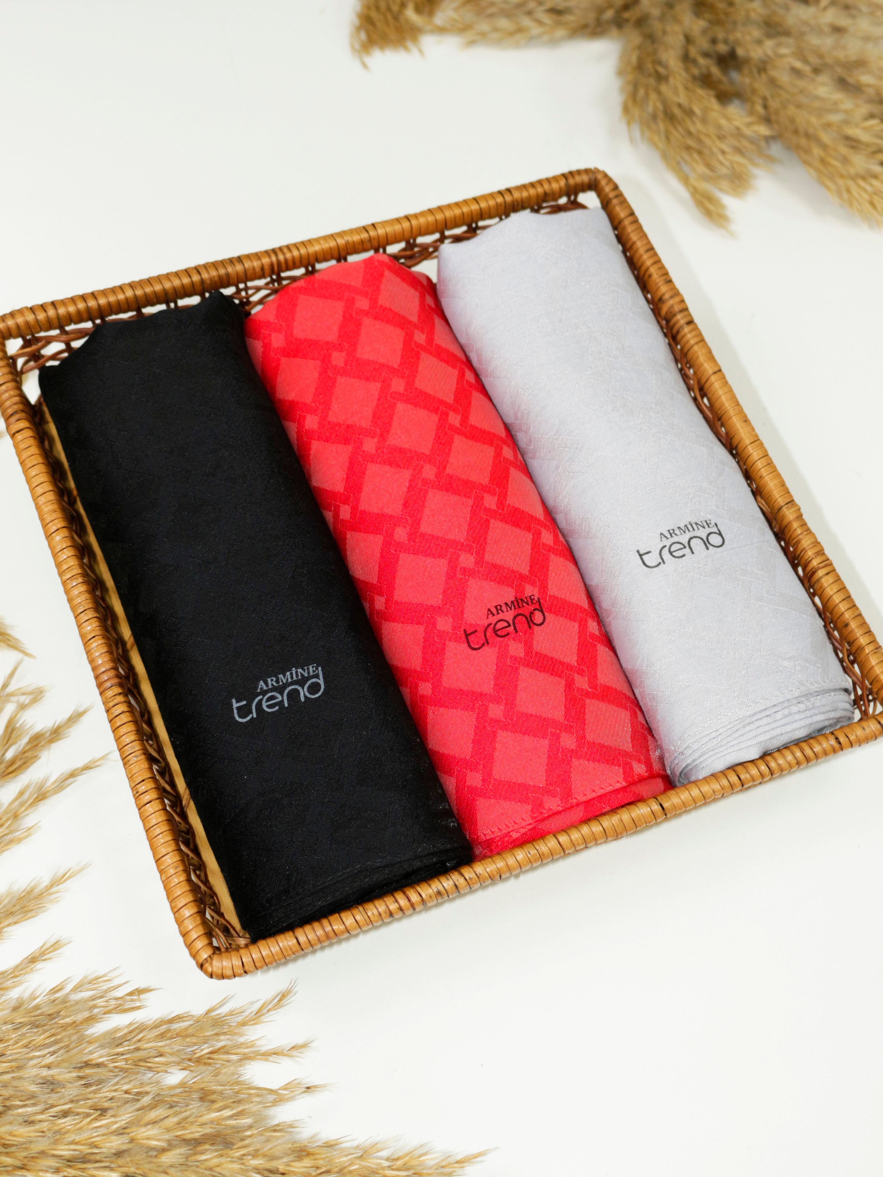 Armine Lia Pamuk Jakarlı Şal - Karo Desen - ATS1LIA - 3'lü Set -