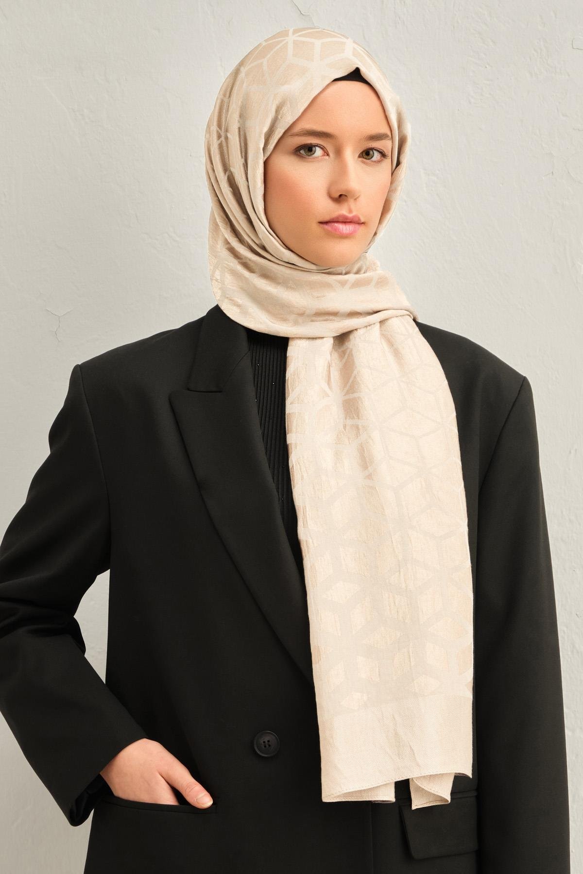 Armine Lyocell Şal 2 - Petek Desen - 1113-4 - Krem